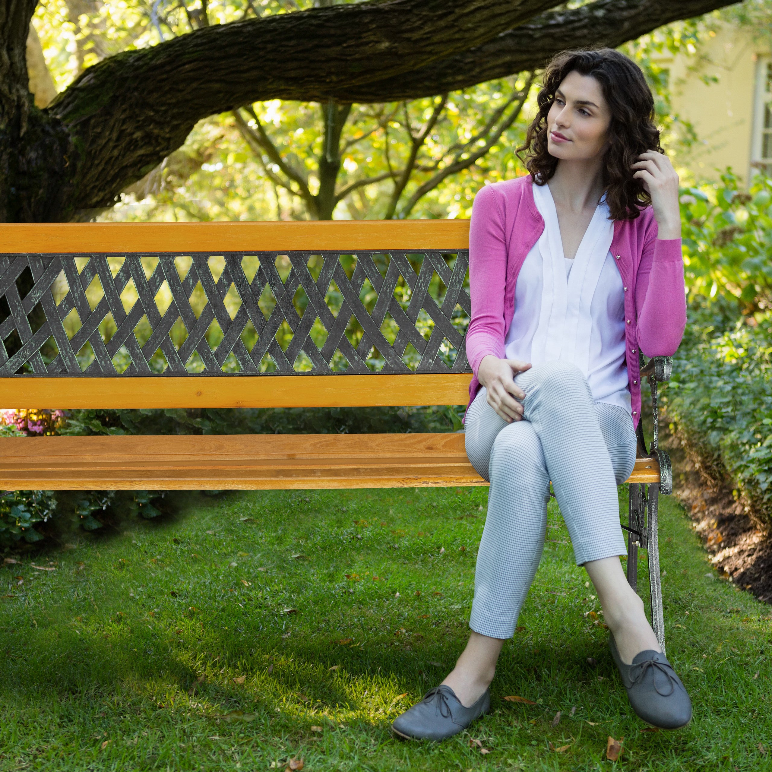 Banc de jardin, 2 sièges, bois, fonte, balcon et terrasse, rustique, HxLxP 73 x 125 x 52 cm, nature/vert, Relaxdays - 3