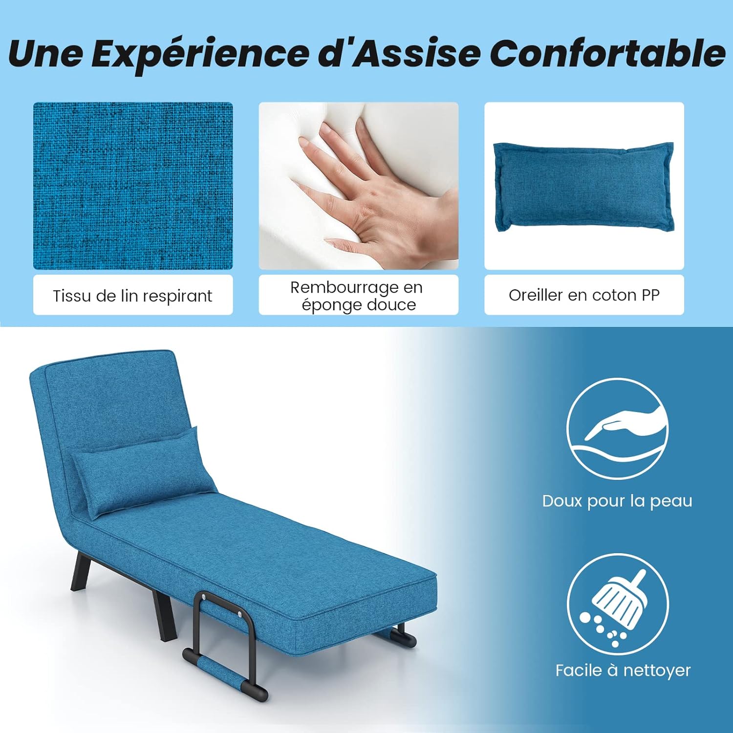 4 in 1 Poltrona Letto Singolo, Poltroncina Pieghevole con Schienale Regolabile in 6 Posizioni, Sedile Imbottito Robusto, Divano Letto per Casa - 5