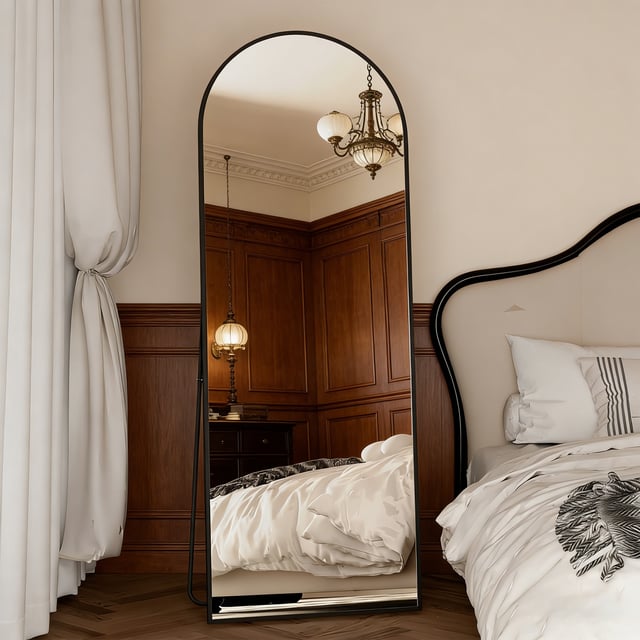162 x 53 cm Miroir sur Pied, Miroir arqué pleine longueur, Miroir Autoportant, Grand Miroir de Sol, Cadre en Alliage d'Aluminium, Verre Trempé, Noir