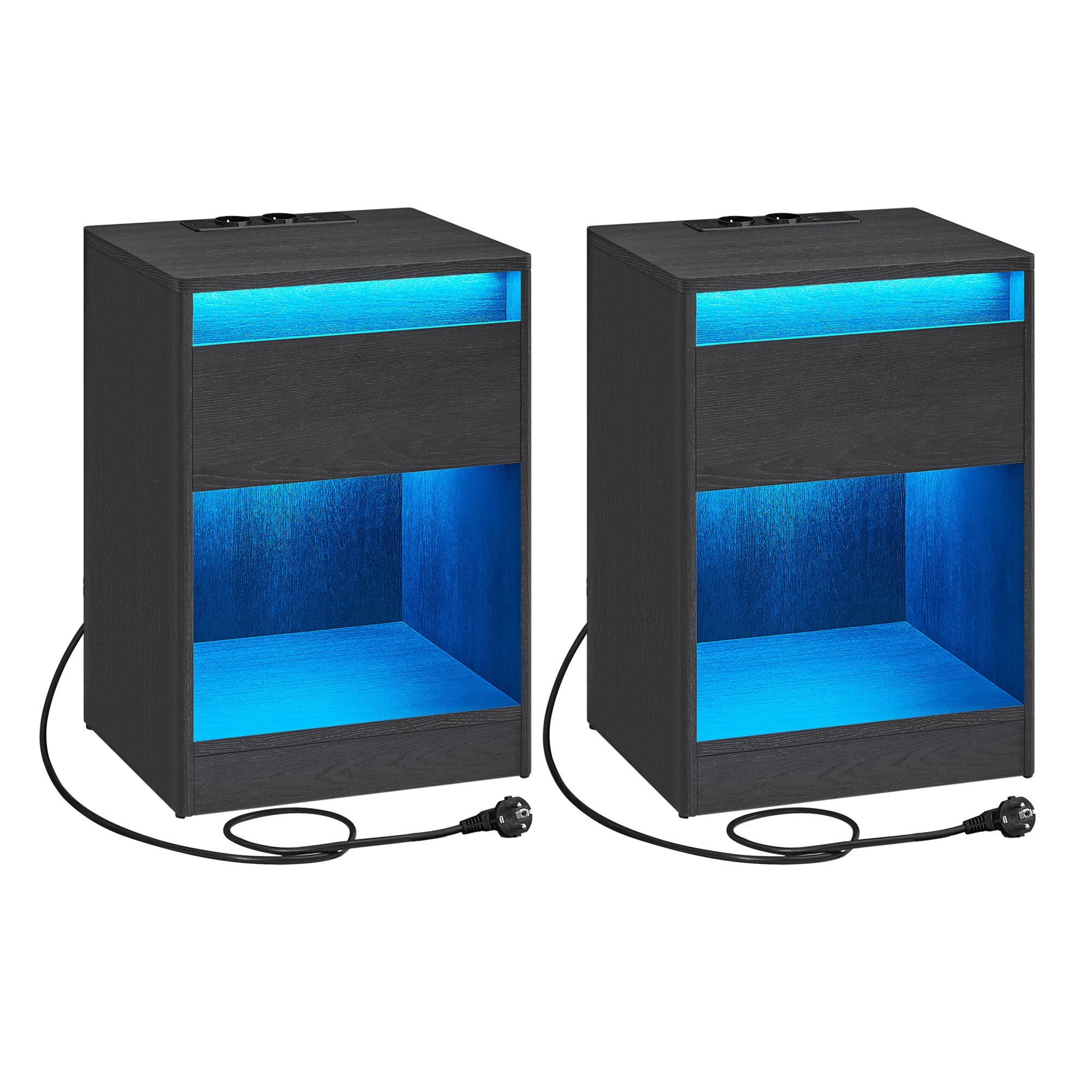 Table De Chevet En Rotin Avec éclairage LED Réglable Et Prises Intégrées - 2 Tiroirs, Bois Massif - Style Naturel Minimaliste