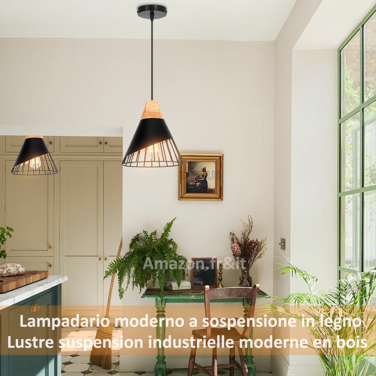 Plafonnier Hofstein Vintage En Bois - Lampe Suspension / Bureau / Corridor, Couleur Marron/noir