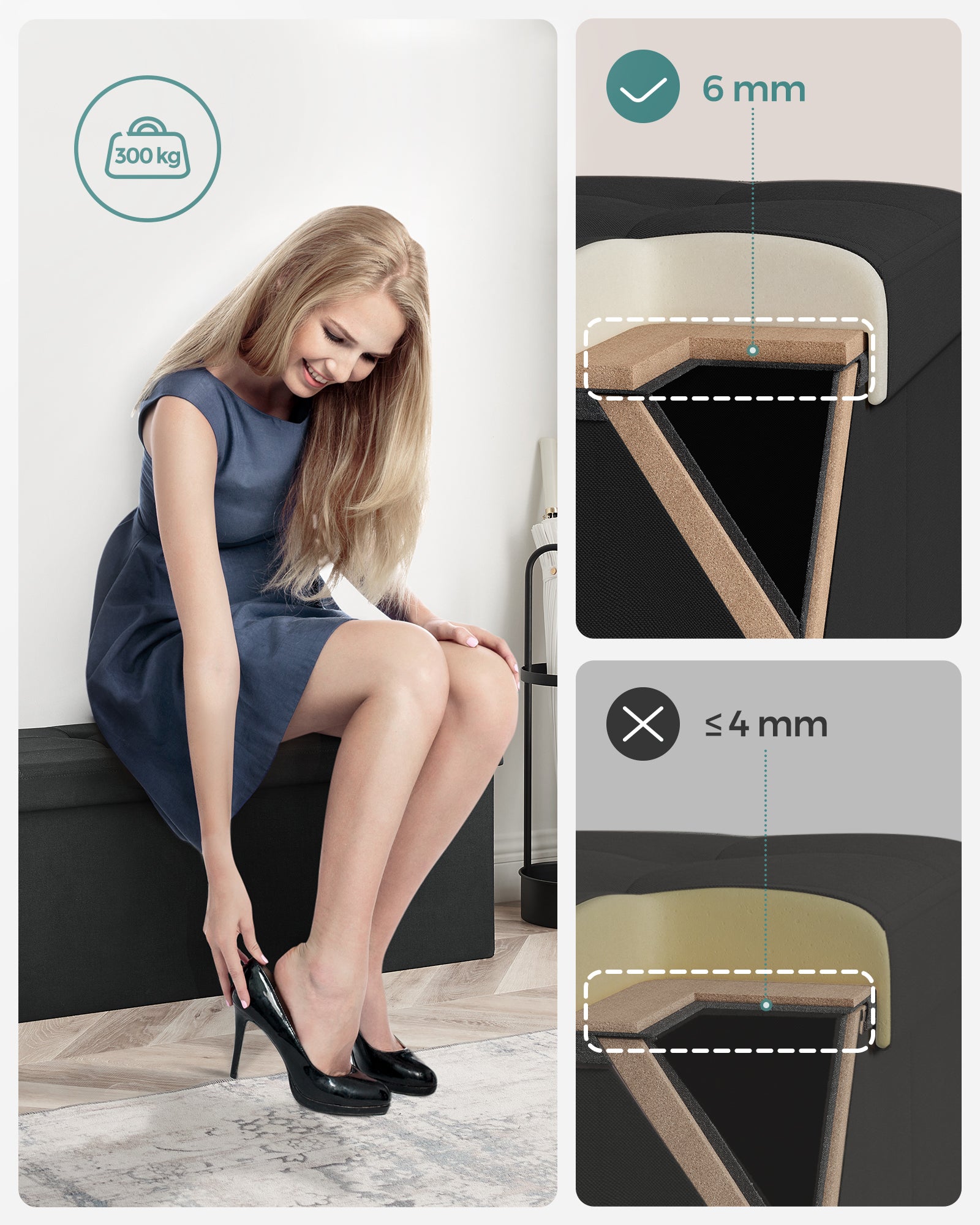 Banc de Rangement Pliable de 110 cm, Coffre de Rangement, Tabouret Repose-Pieds, Pouf de Chambre, Noir - 3