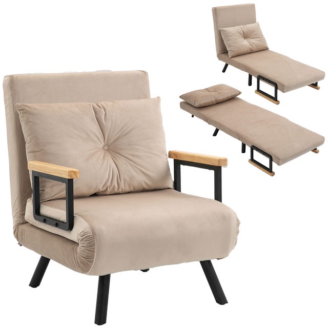 Fauteuil convertible HOMCOM 3 en 1 chauffeuse lit 1 place dossier réglable accoudoirs en bois et coussin, tissu effet velours beige