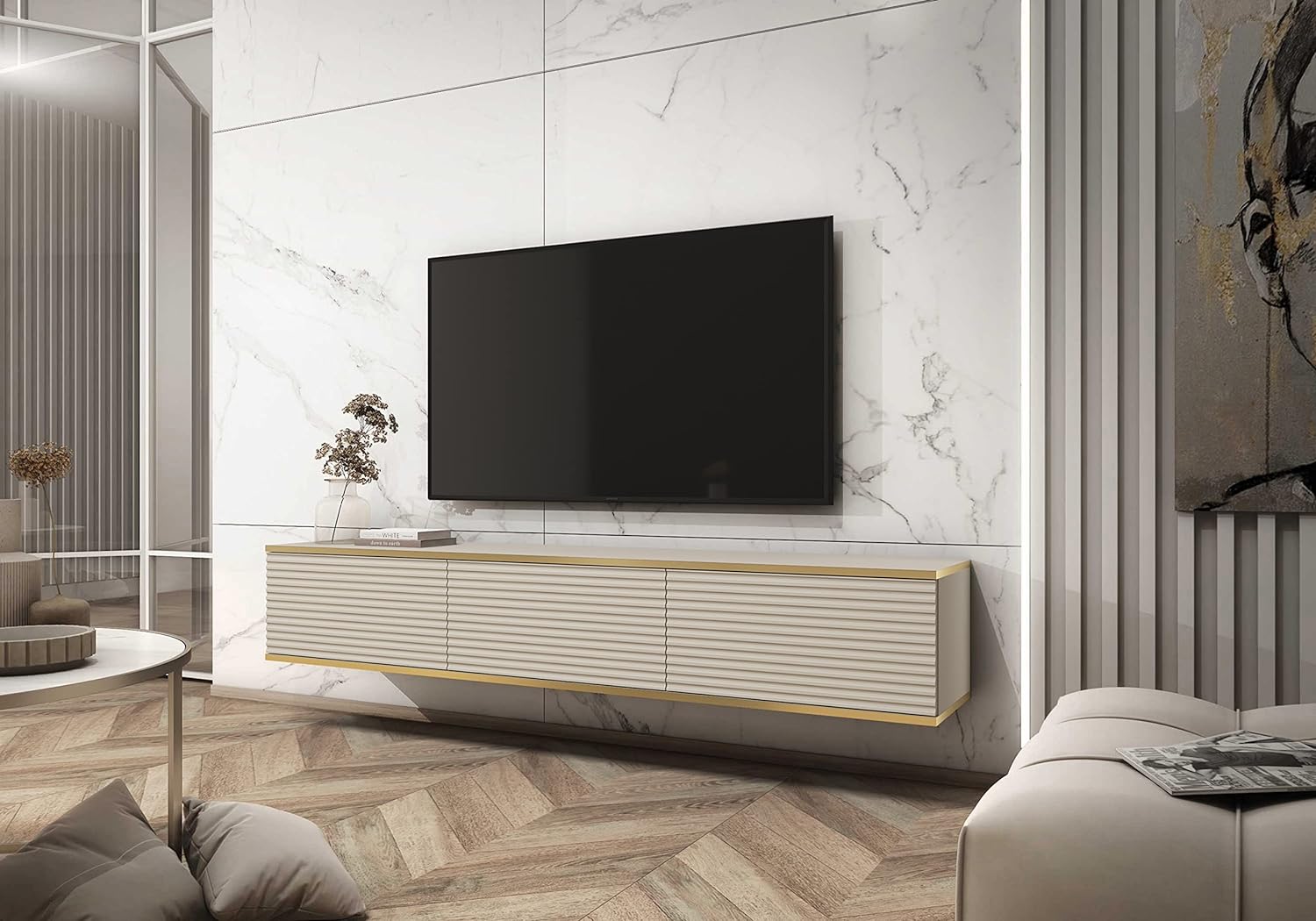 Stolik pod TV z beżowymi listwami, 175 x 30 x 32 cm, otwierany na naciśnięcie - 3