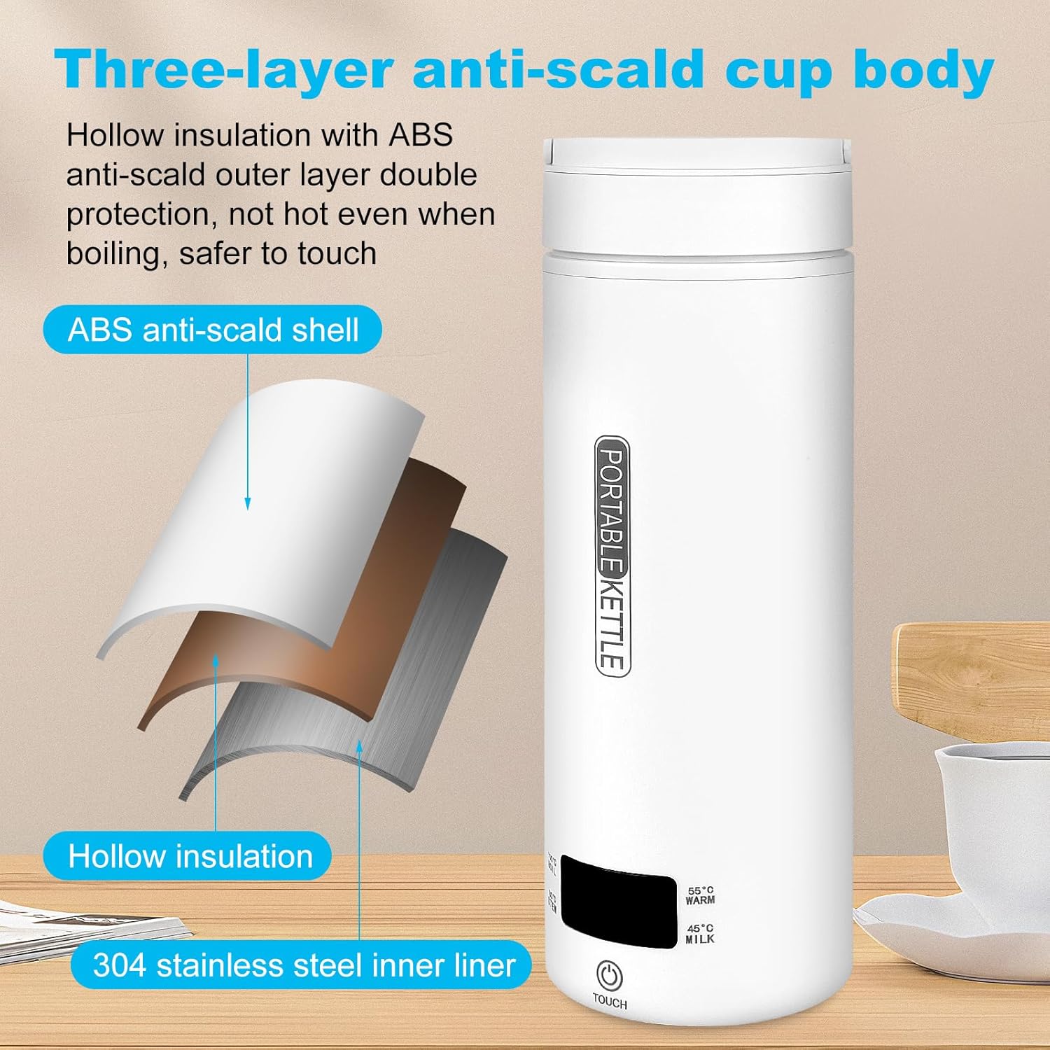 (500 ml)Bouilloire de Voyage, Mini Bouilloire Electrique, 3 en 1 Bouilloire Portable - 4 régulateurs de température, pour Thé, Café, Lait/Camping - 4