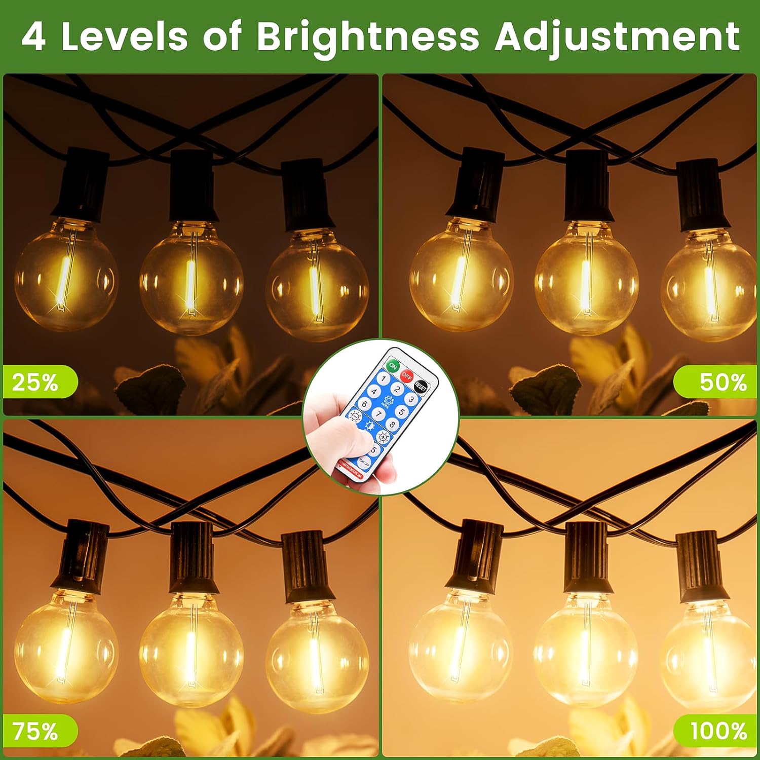 Kit di luci a LED solare da 10 m - 20 LED G40 - Bianco caldo 2700 K - Telecomando + Timer - Per pergola, eventi all'aperto - 6