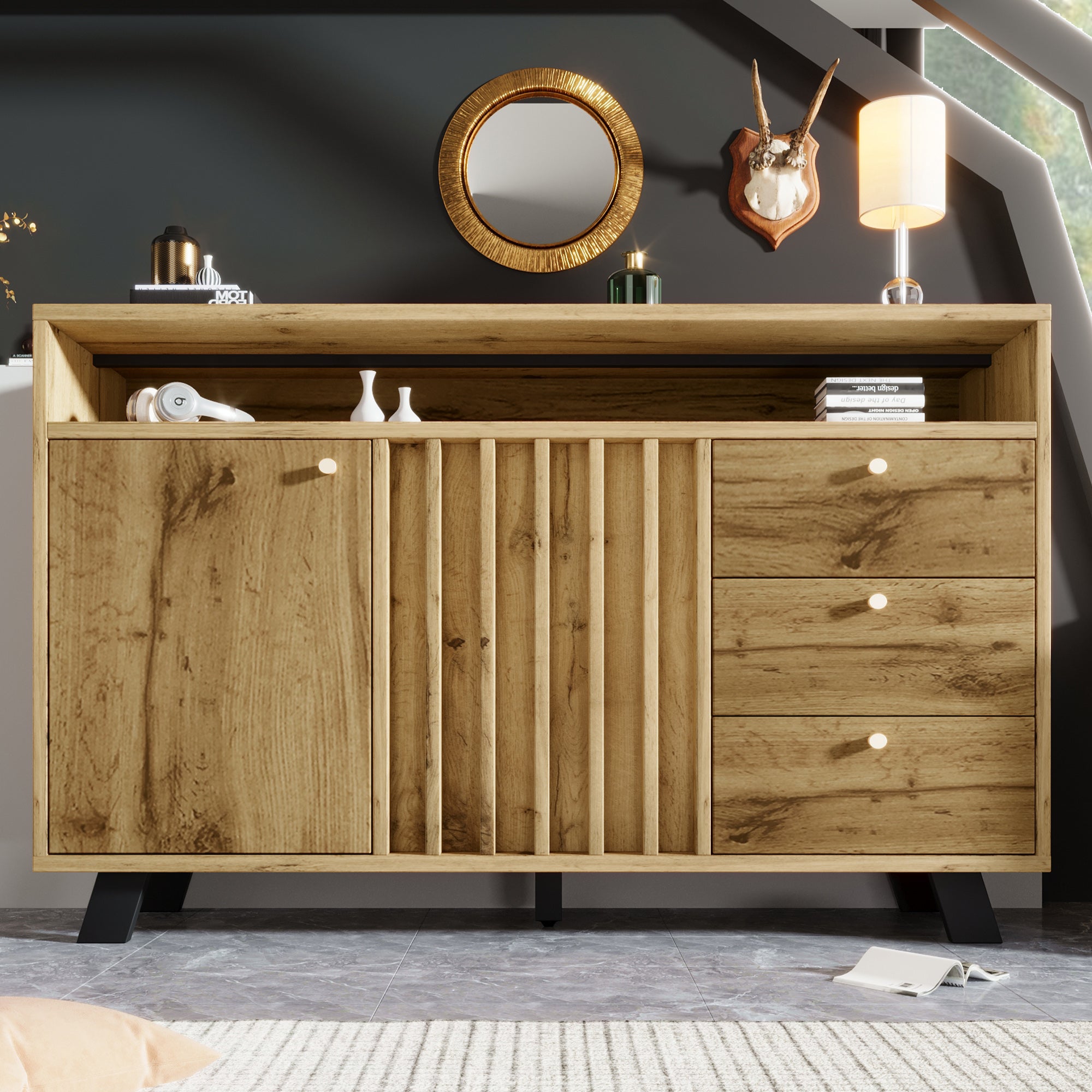 Buffet bas avec 3 tiroirs et 2 portes, commode - 120 x 40 x 85 cm - Panneaux de particules et MDF - Chêne foncé - 9