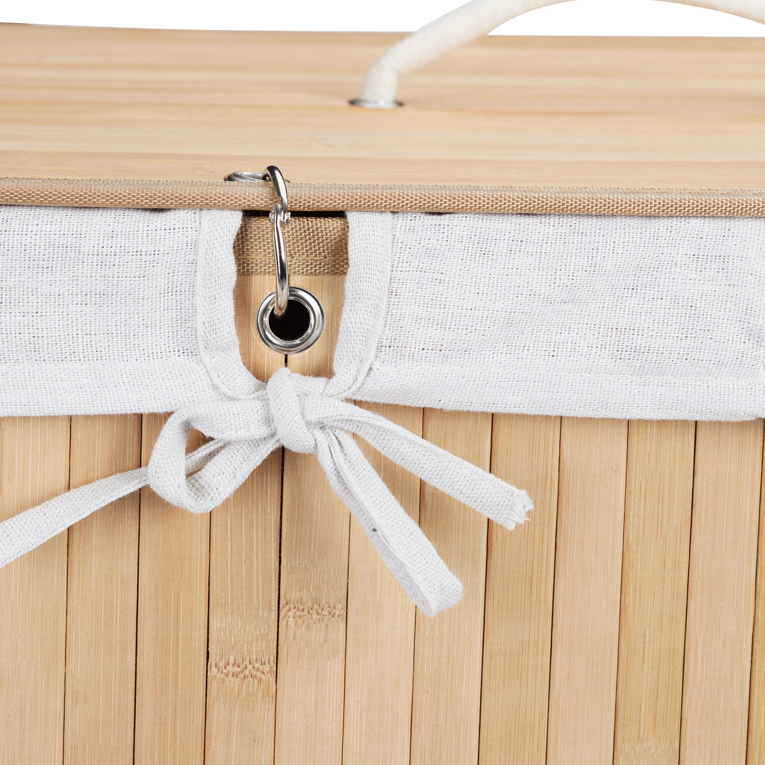 Corbeille à linge bambou, Panier à linge 2 compartiments, coffre pliable couvercle 95 litres, nature, Relaxdays - 9