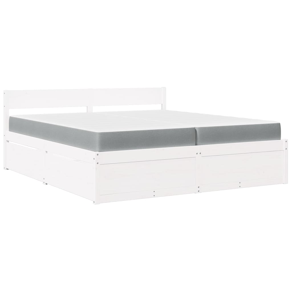 Lit avec tiroirs et matelas, blanc, en bois massif de pin, pour la chambre, 200 × 200 cm - 2