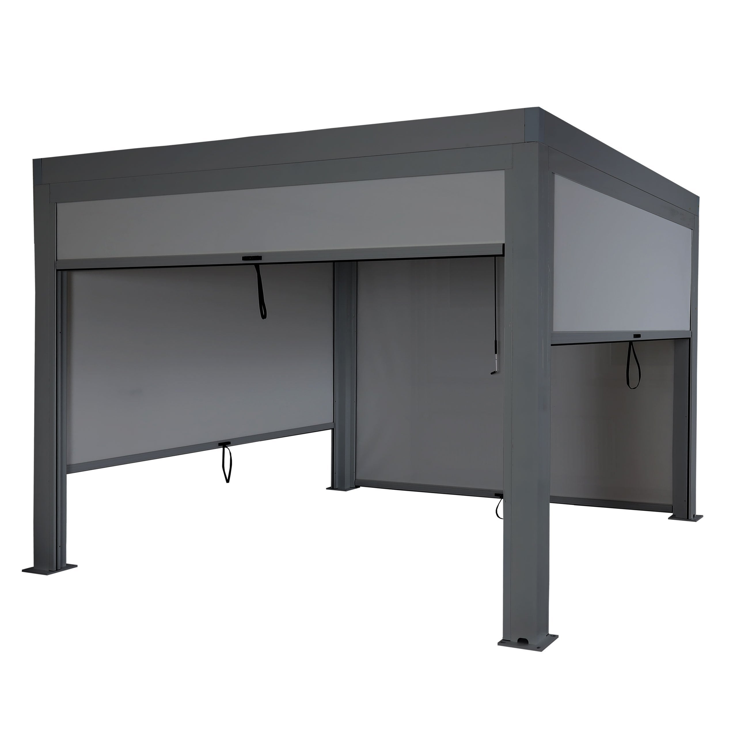 Pergola HWC-L46 z boczną ścianką, pawilonem z lameli Rollo, aluminiową ramą 10 cm, odporna na burzę 3x3 m ~ antracyt