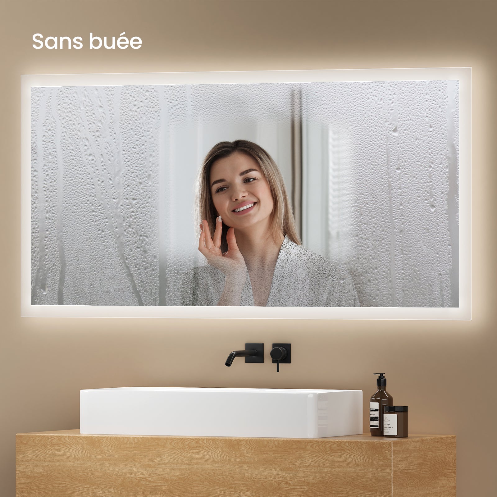 EMKE Miroir lumineux salle de bain 120x60cm, Miroir LED avec Interrupteur à bouton, Anti-buée, Miroir avec éclairage lumière Blanche Froide/Chaude - 4