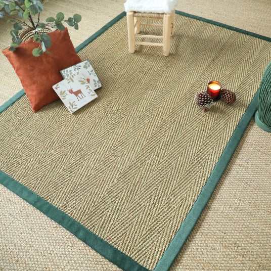 Tapis Jonc de mer - Assam chevron - Ganse lin vert sapin - 160 x 230 cm - 2