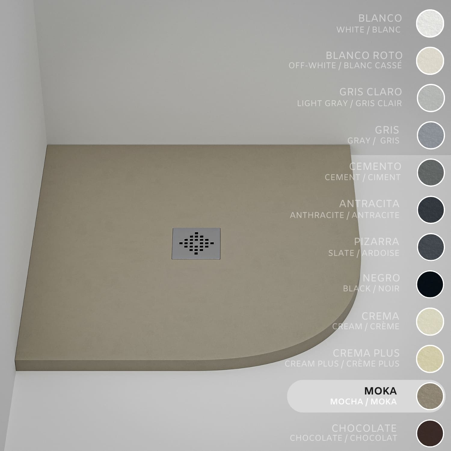 Brodzik półokrągły SOULHOME Żywica i Konglomerat Mineralny Antypoślizgowy 80x80 cm Moka - Kratka Inox