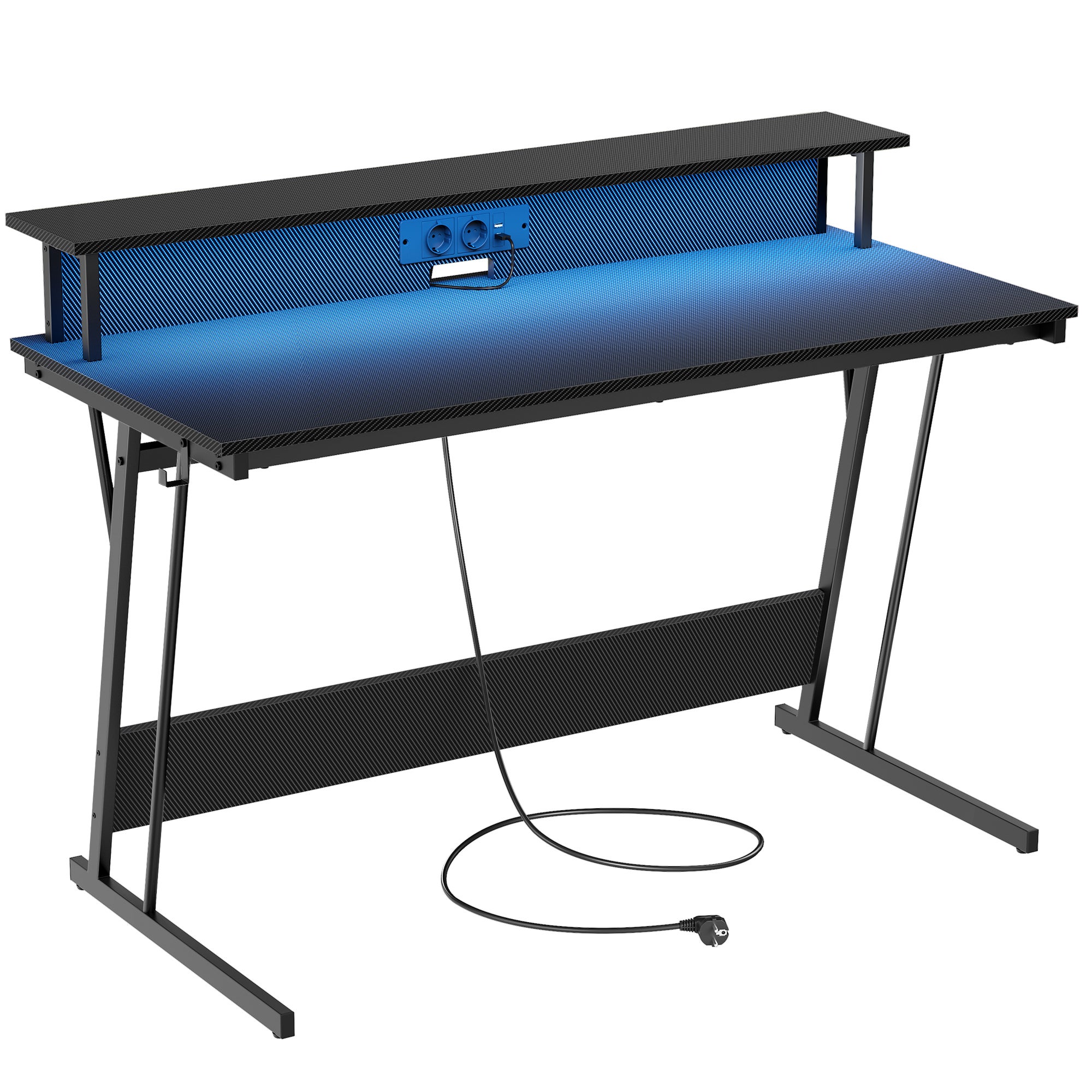 Besiost Scrivania Da Gioco Con Luci LED E Prese Integrate – 120x50x75 Cm, Con Ripiani Portaoggetti E Supporto Monitor, Nera
