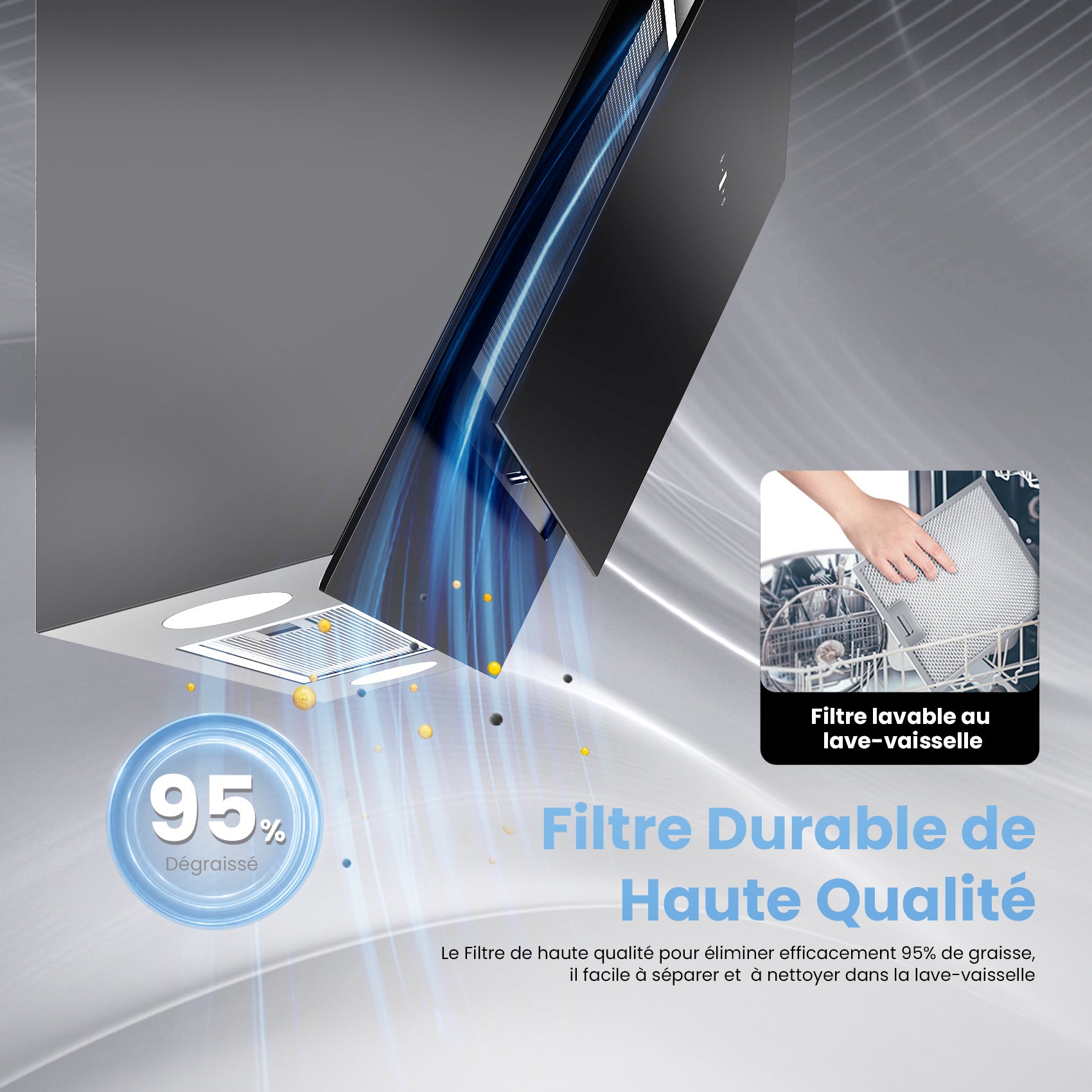 COMFEE Hotte Aspirante Inclinée 60cm - 650m³/h - Classe A+++ - Commandes Gestuelles - 4 vitesses - 2 Filtres à Charbon - Verre Noir - 2*1.5W LED - 6