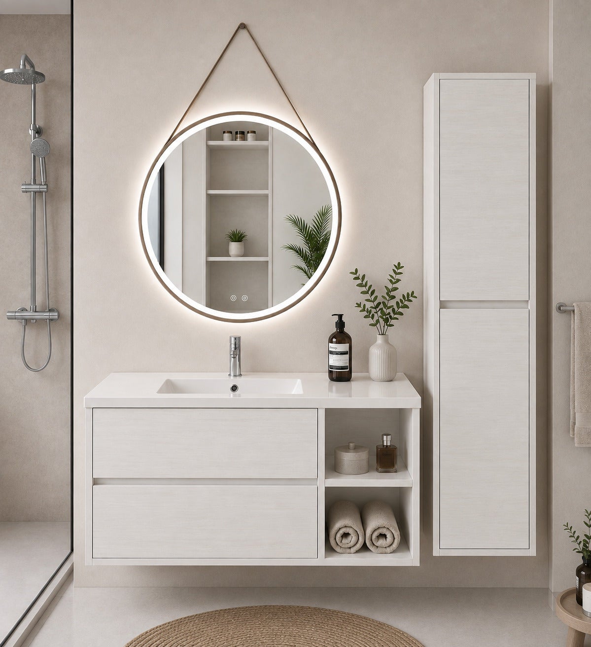 Mobilier de baie cu lavoar ORIGENBATH ZEUS fără oglindă 120x45 cm Dreapta alb nordico cu coloană