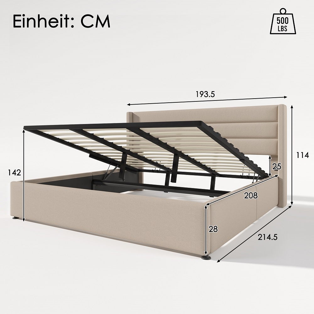 Lit coffre Lit de rangement Cadre de lit Plateforme capitonné Sommier à lattes en bois Lit 180x200 cm en Lin Blanc cassé - 2