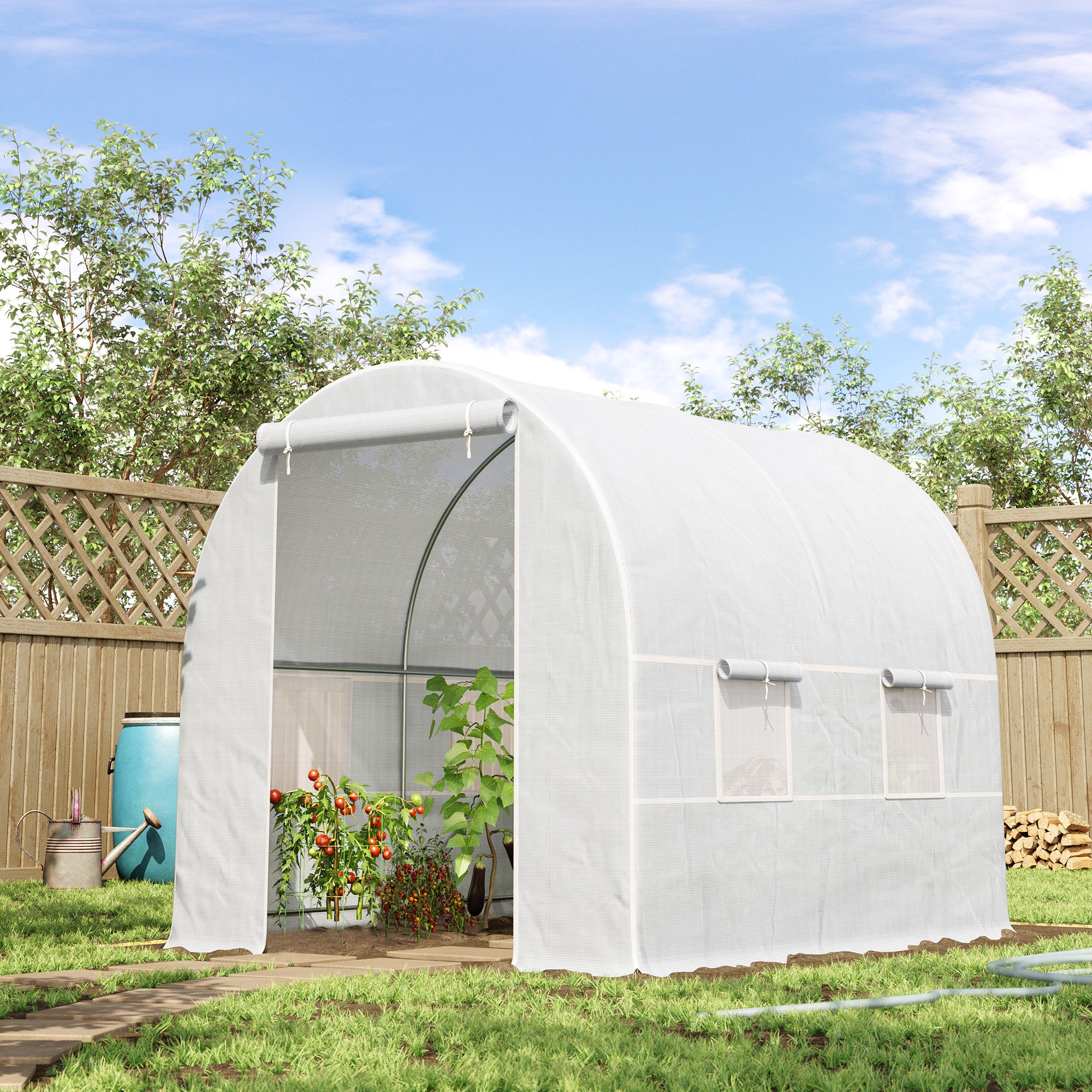 Serre tunnel de jardin - Outsunny - 5m² 245x200x200 cm - porte 4 fenêtres - cadre en métal, bâche PE haute densité 140 g/m² - blanc - 2