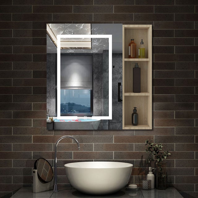 AICA Armoire de Toilette avec Miroir LED et Étagère Latérale, Anti-Buée, Éclairage 3 Couleurs + Prise USB, Chêne 80x70 cm