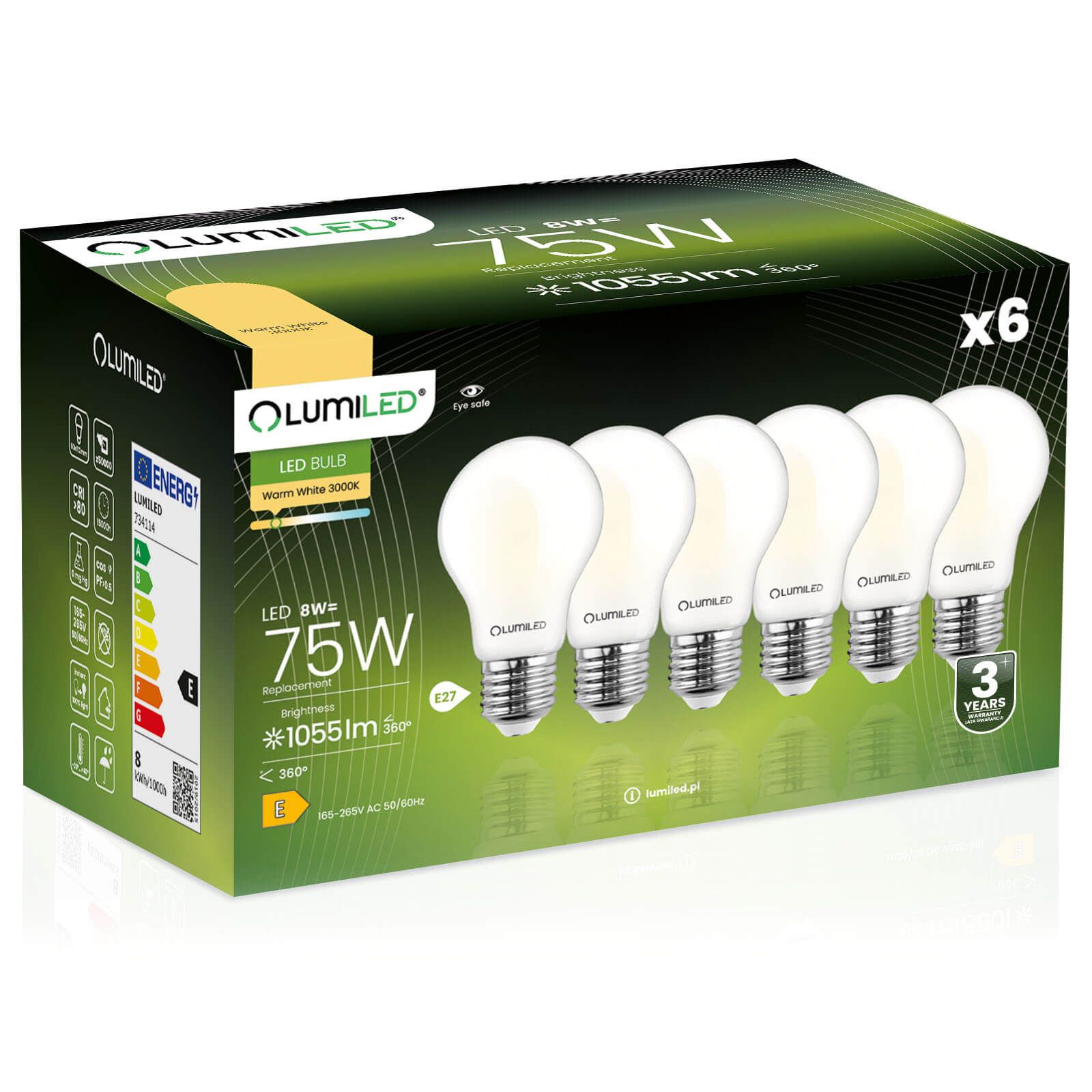 6x Żarówka Lumiled LED E27 A60 8W = 75W 1055lm 3000K Ciepła 360st Filament