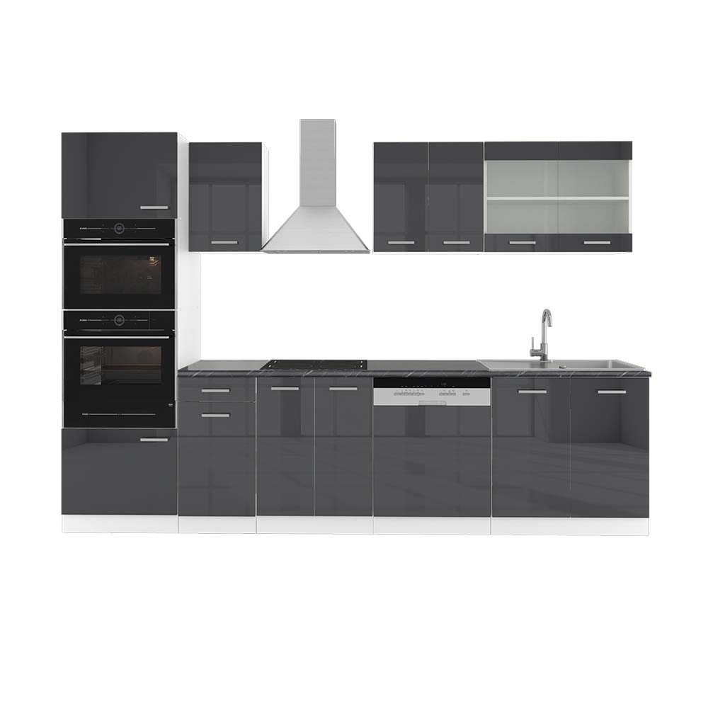 Vicco Aneks kuchenny R-Line, Antracytowy wysoki połysk/biały, 300 cm z wysoką szafką, BP Antracyt