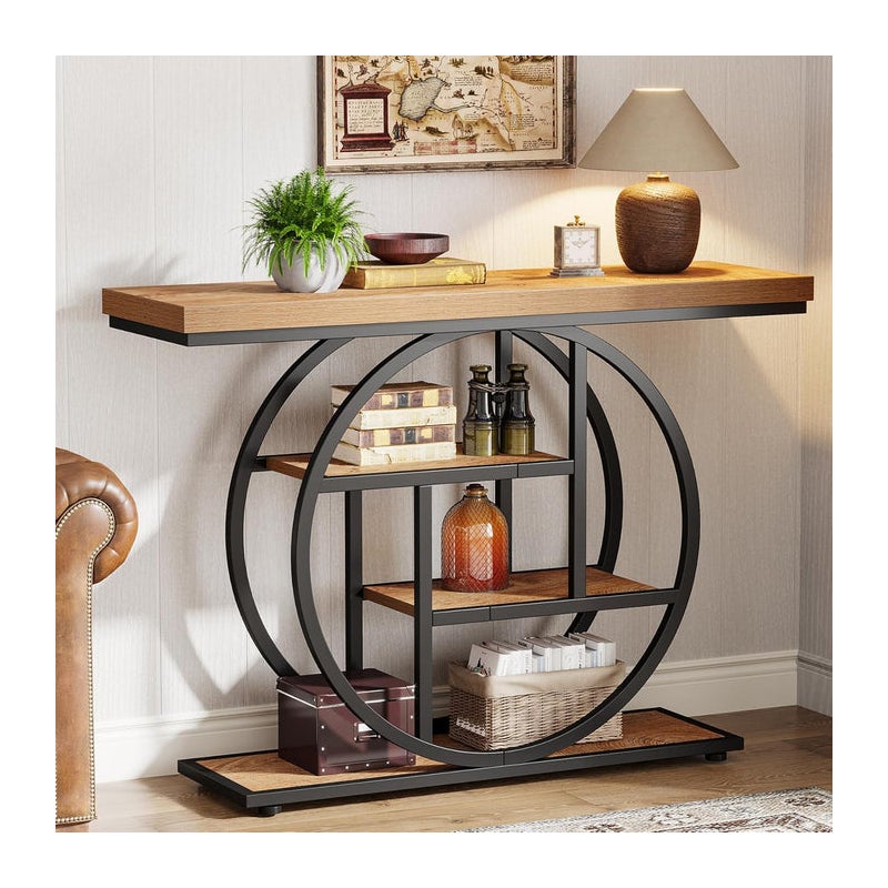 Tribesigns | Wąski stolik konsolowy 105 cm z 4 półkami | Okrągła drewniana podstawa | Do salonu i przedpokoju
