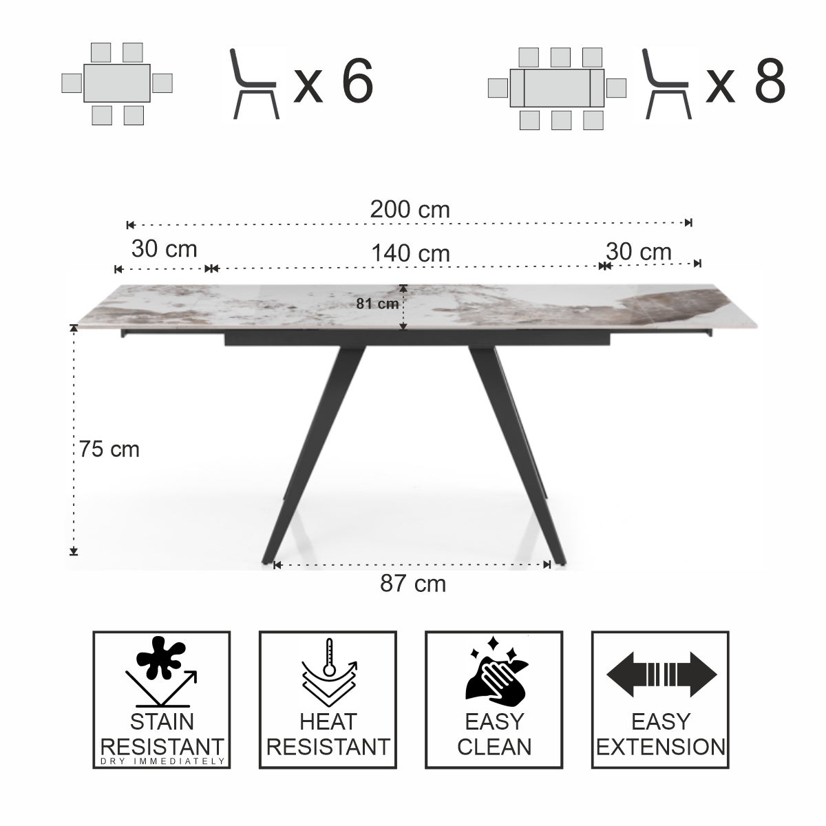 Tavolo allungabile EKA ONICE MARBLE – Acciaio Grigio opaco, ceramica Marmo Onice, H.75 L.140/200, 6/8 posti, per sala da pranzo - 7