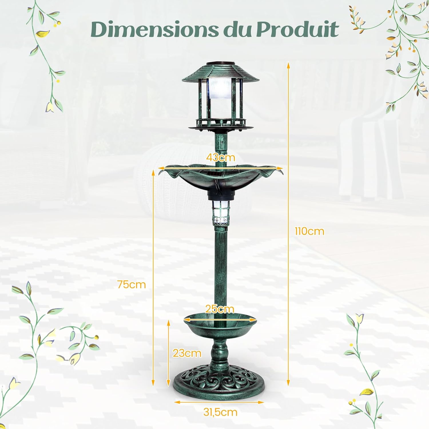 Bain d'oiseaux sur Pied Solaire, Mangeoire Oiseaux Extérieur avec 2 Lampes à Energie Solaire, Support Remplissable, 3 Piquets pour Jardin, Cour - 8