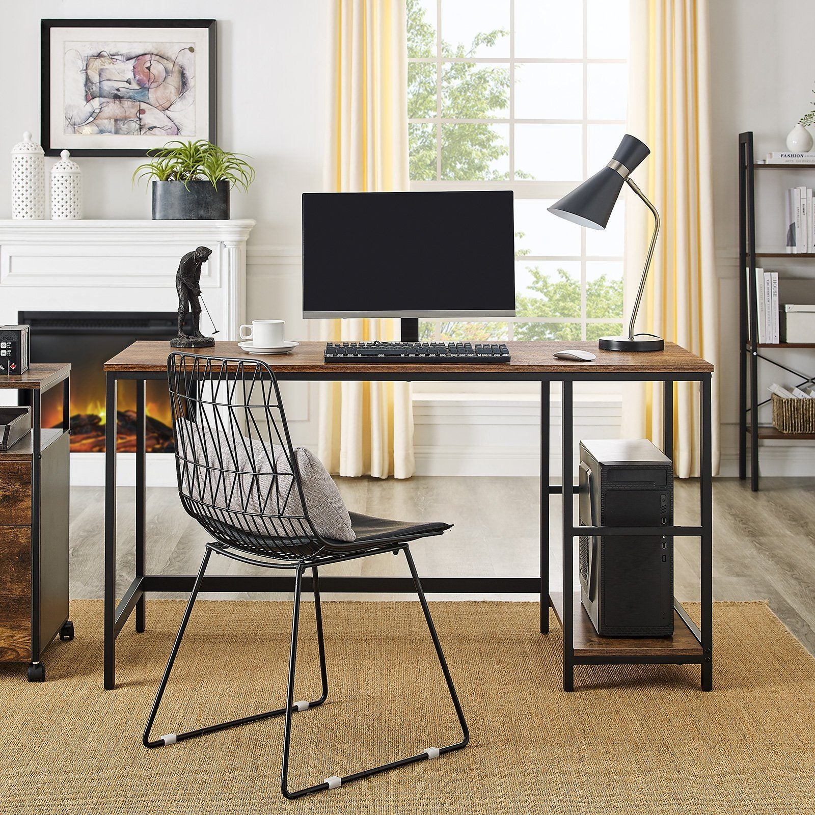 Bureau, Table d'Ordinateur, Étagère de Rangement, Armoire avec Porte, Bureau d'Etude avec Trous pour Câbles, Poste de Travail Informatique, Blanc