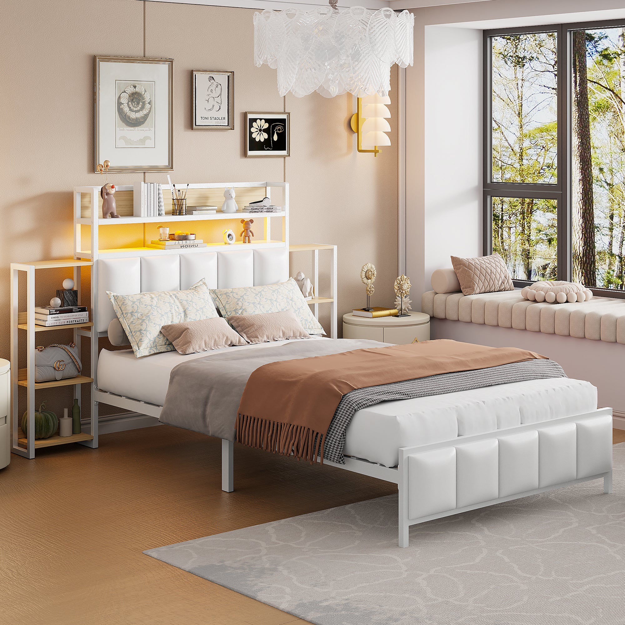 Lit Plateforme Capitonné 90x200 Cm Avec Tête De Lit Intégrée – Sommier à Lattes – En Tissu Beige – Pour Chambre Ado Ou D’amis