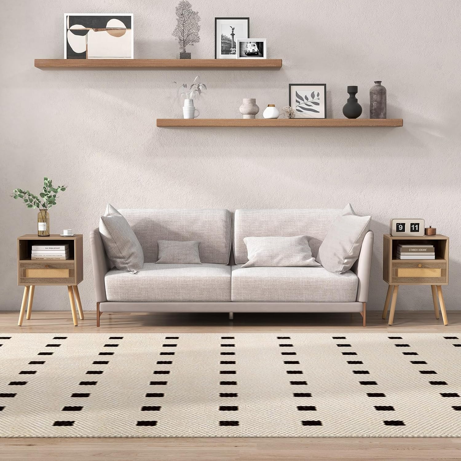 Lot de 2 Tables de Nuit en Rotin, Table de Chevet Bois avec Tiroir, 4 Pieds en Pin, Compartiment Ouvert, Table d'Appoint pour Salon, Chambre - 9