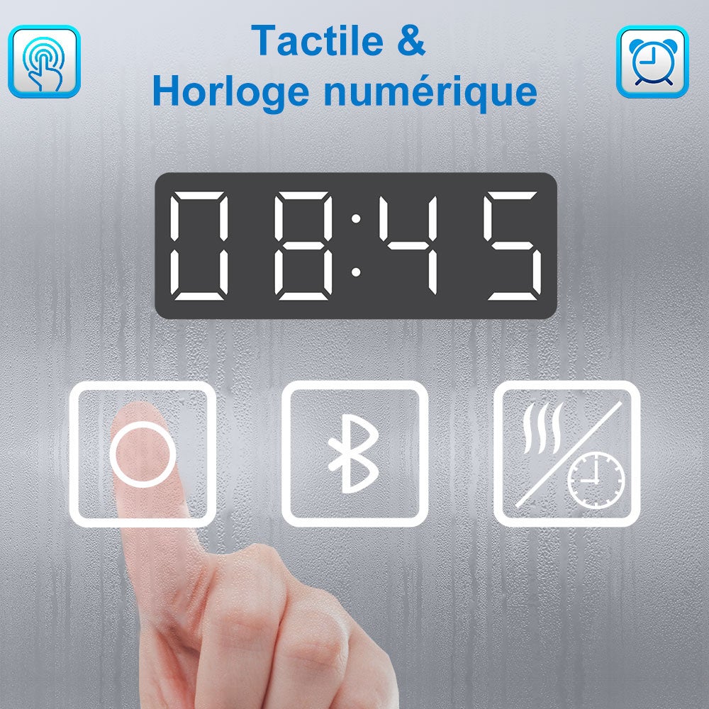 AICA Miroir lumineux 120 x 70cm, bluetooth + 3 couleurs + dimmable + horloge + anti-buée + mémoire, miroir salle de bain mural - 6