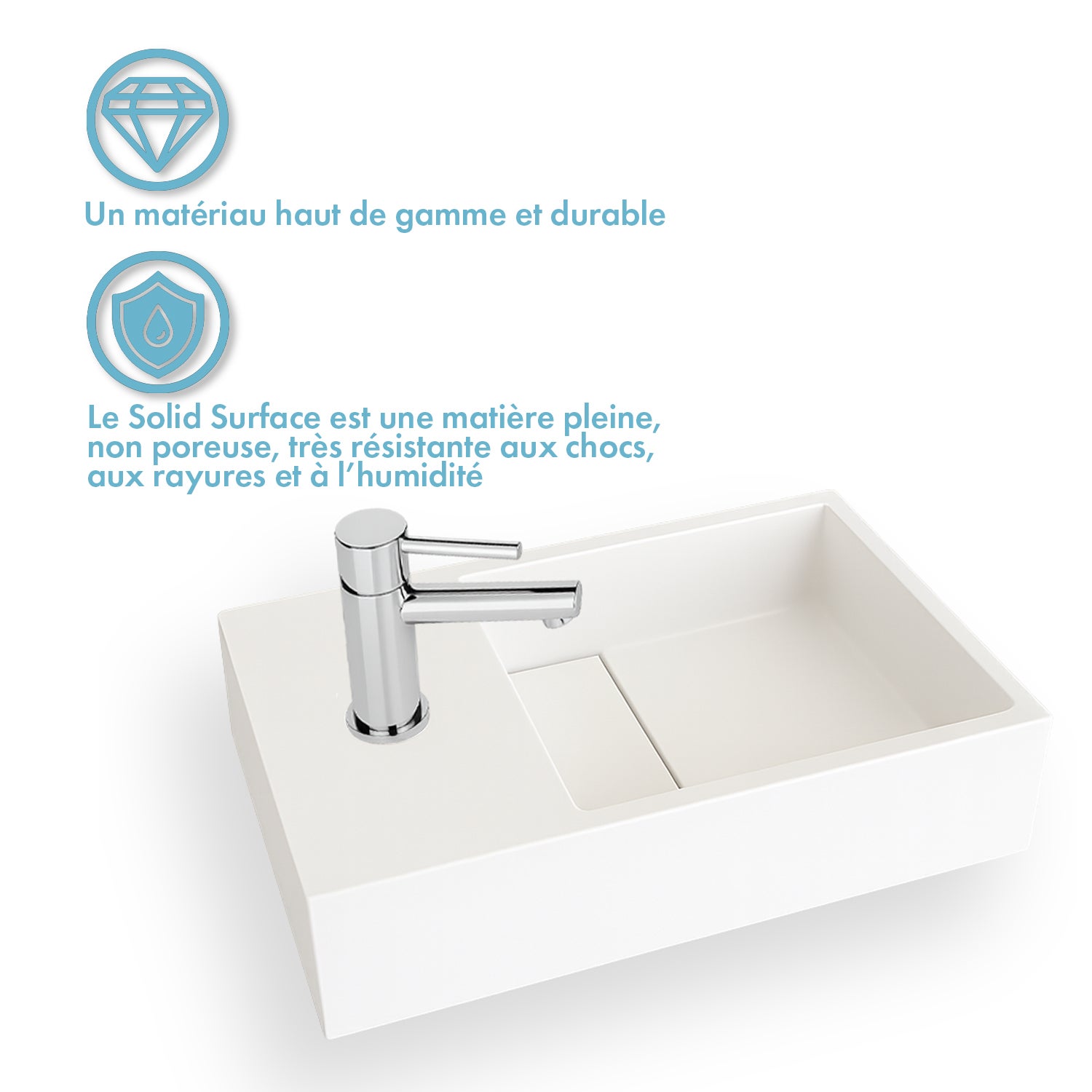 Lave-mains suspendu blanc mat MANITA G - Lavabo rectangulaire en Solid surface 35cm - 6