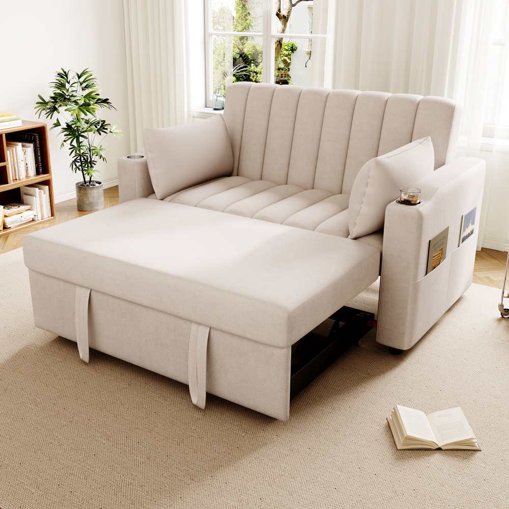 Nowoczesna wielofunkcyjna sofa rozkładana do spania, sofa dwuosobowa z regulowanym oparciem, poduszkami i uchwytem na kubki do salonu