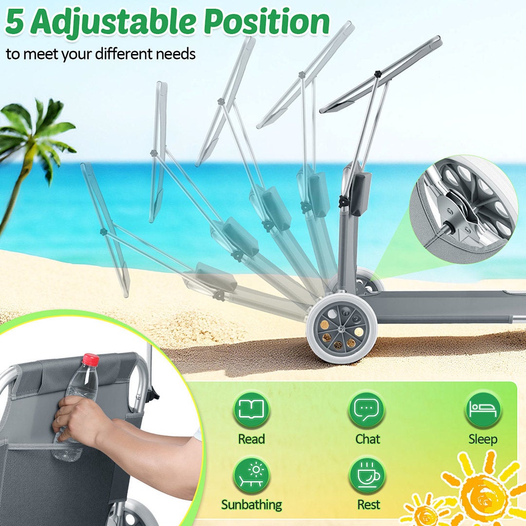 Espreguiçadeira com rodas, espreguiçadeira de praia dobrável com encosto ajustável, espreguiçadeira para exterior , conjunto de 2 - 5