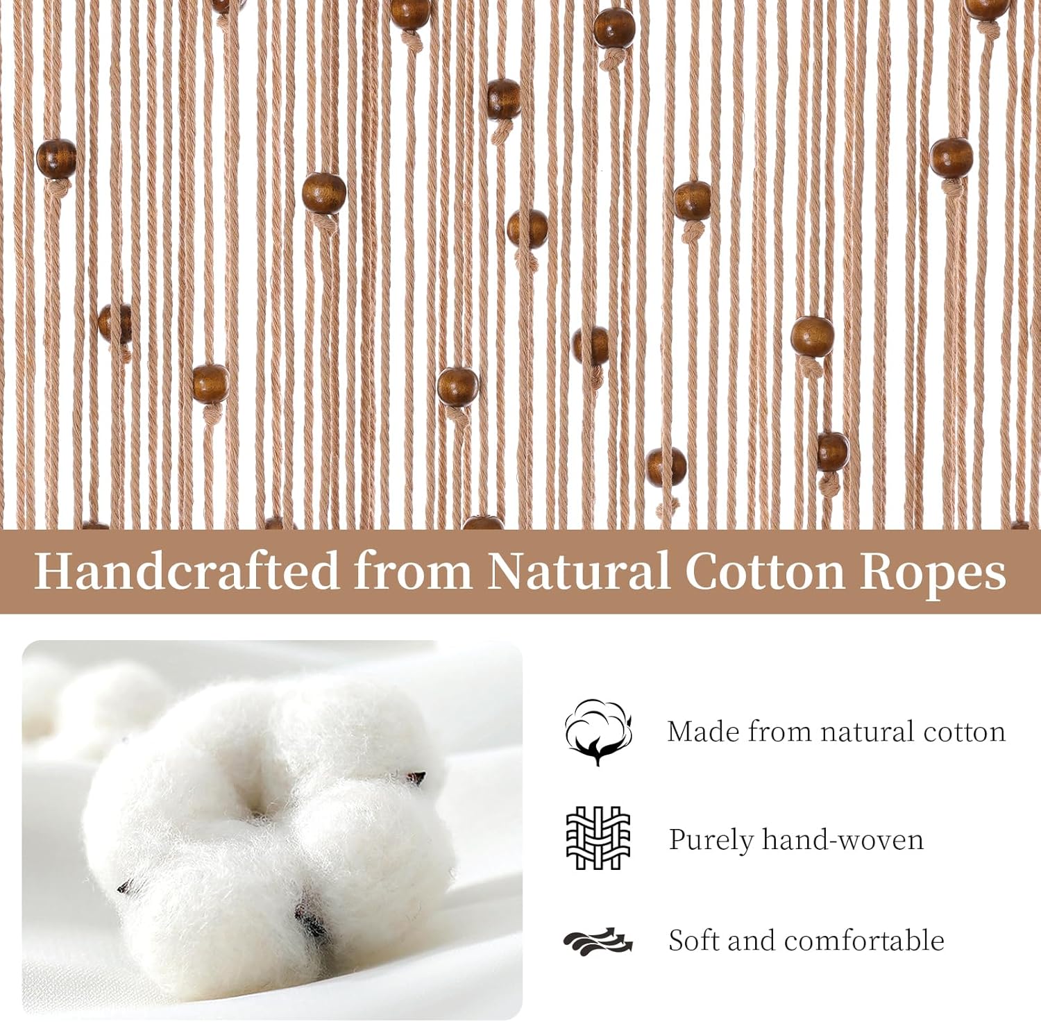 Rideau de perles bohème en macramé fait à la main avec perles en bois pour fenêtre, porte, 200 x 91 cm (L x l), blanc - 5