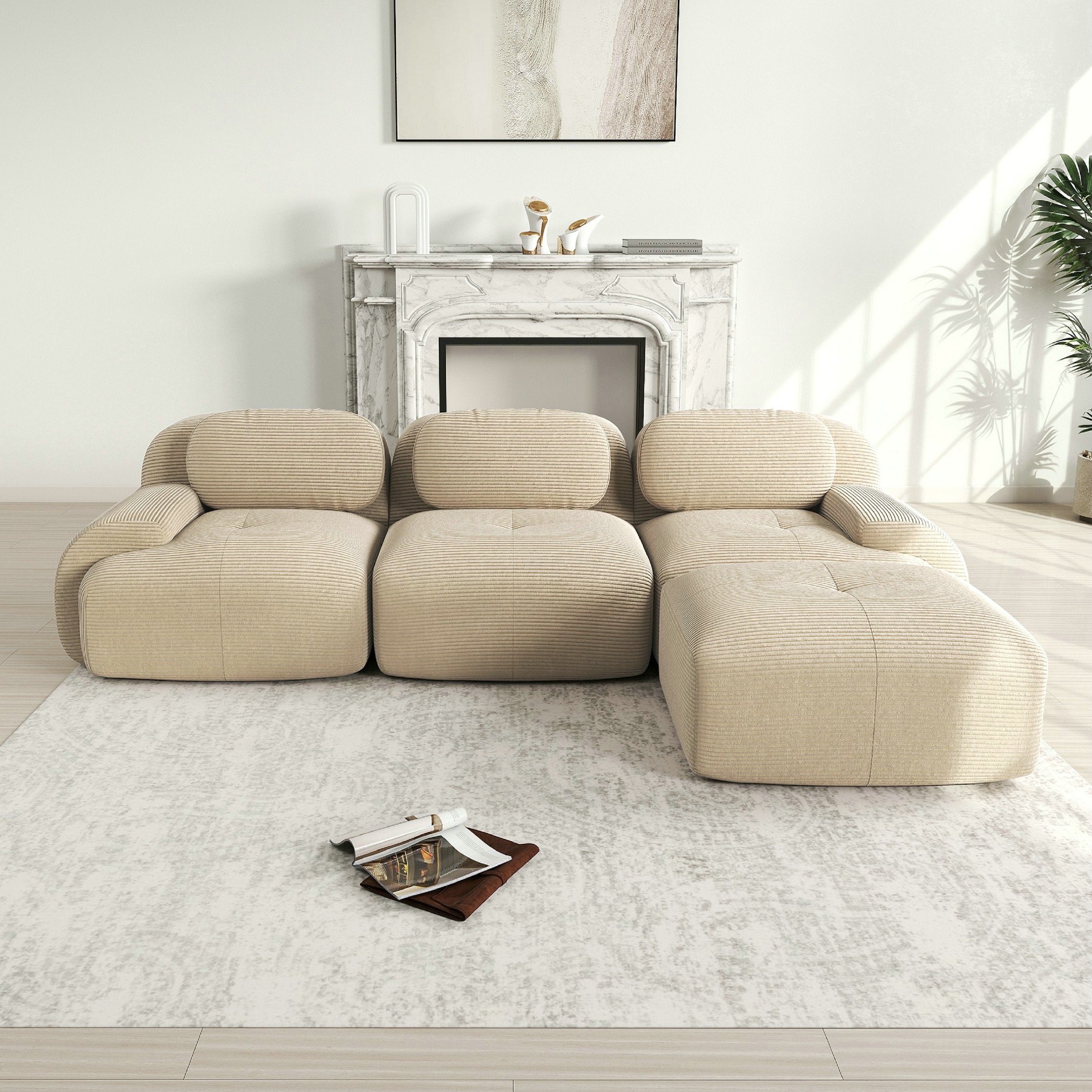 Canapé d\'angle modulable 3 places, antidérapant et adapté aux animaux, pieds élargis – tissu velours côtelé respirant – beige - 2