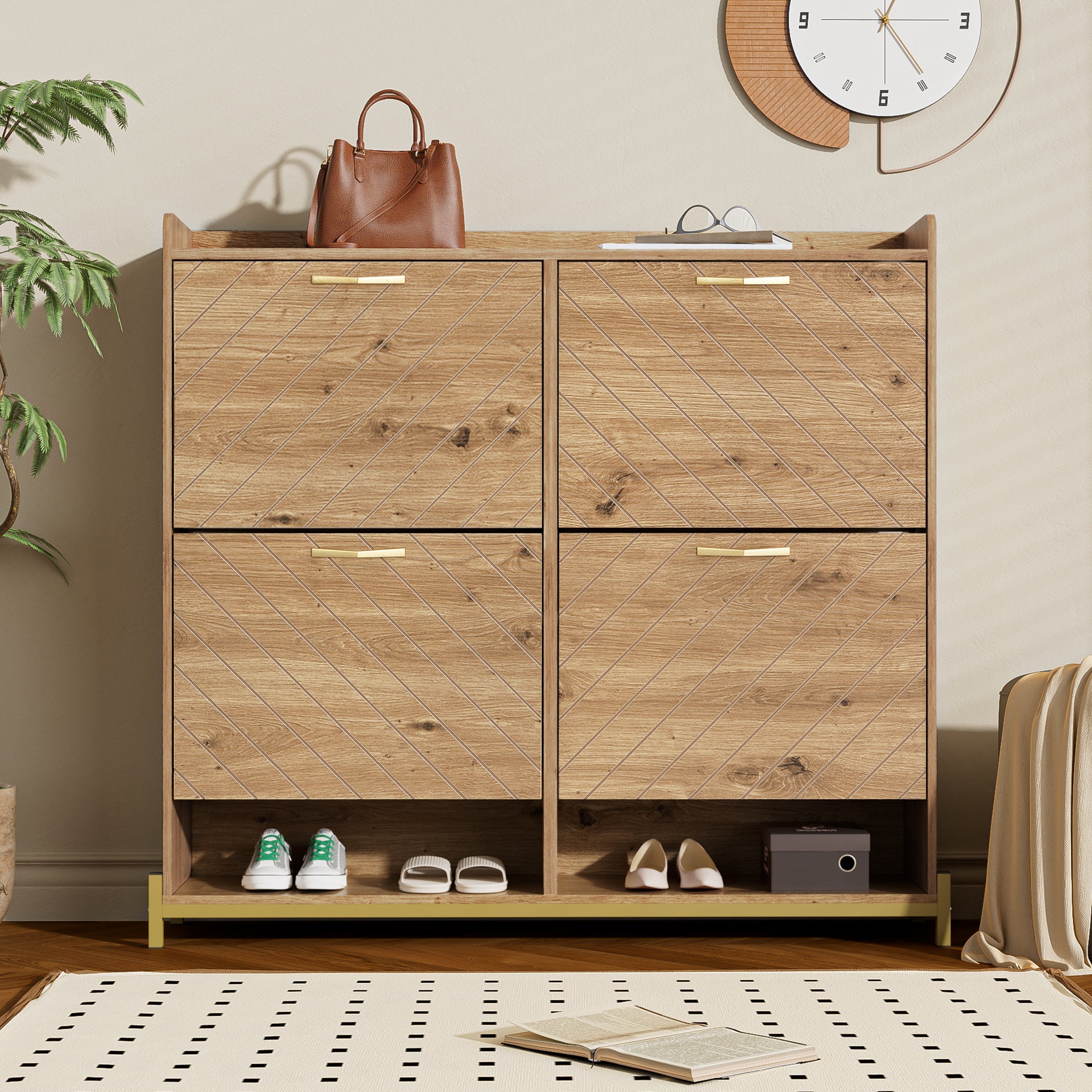 Meuble à chaussures avec 4 portes et 2 compartiments - 105 x 24 x 100 cm - Bois MDF - Coloris bois - 6