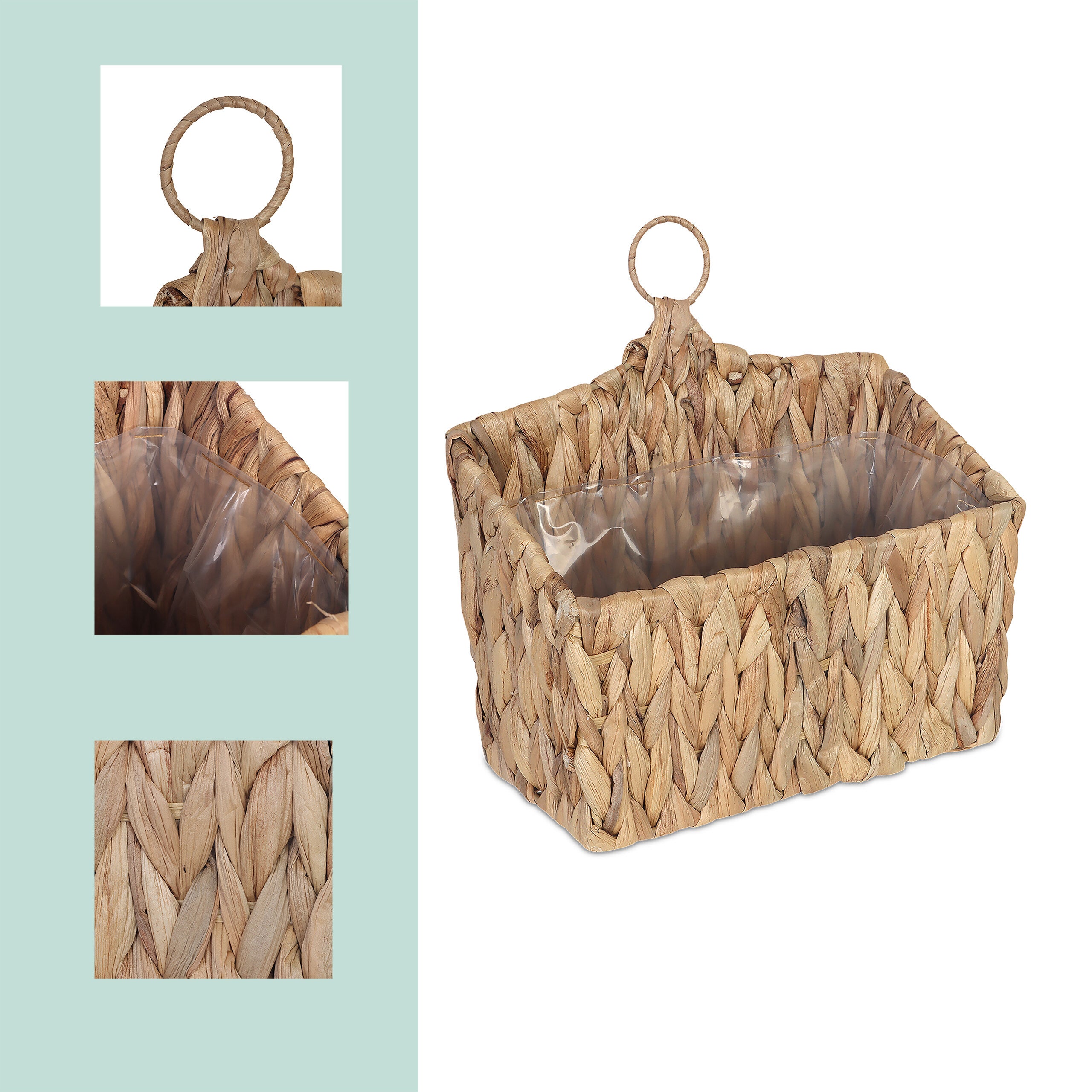 Panier suspendu tressé en jacinthe d'eau pour plantes, 29x28x15 cm, avec film et anneau, naturel, relaxdays - 5