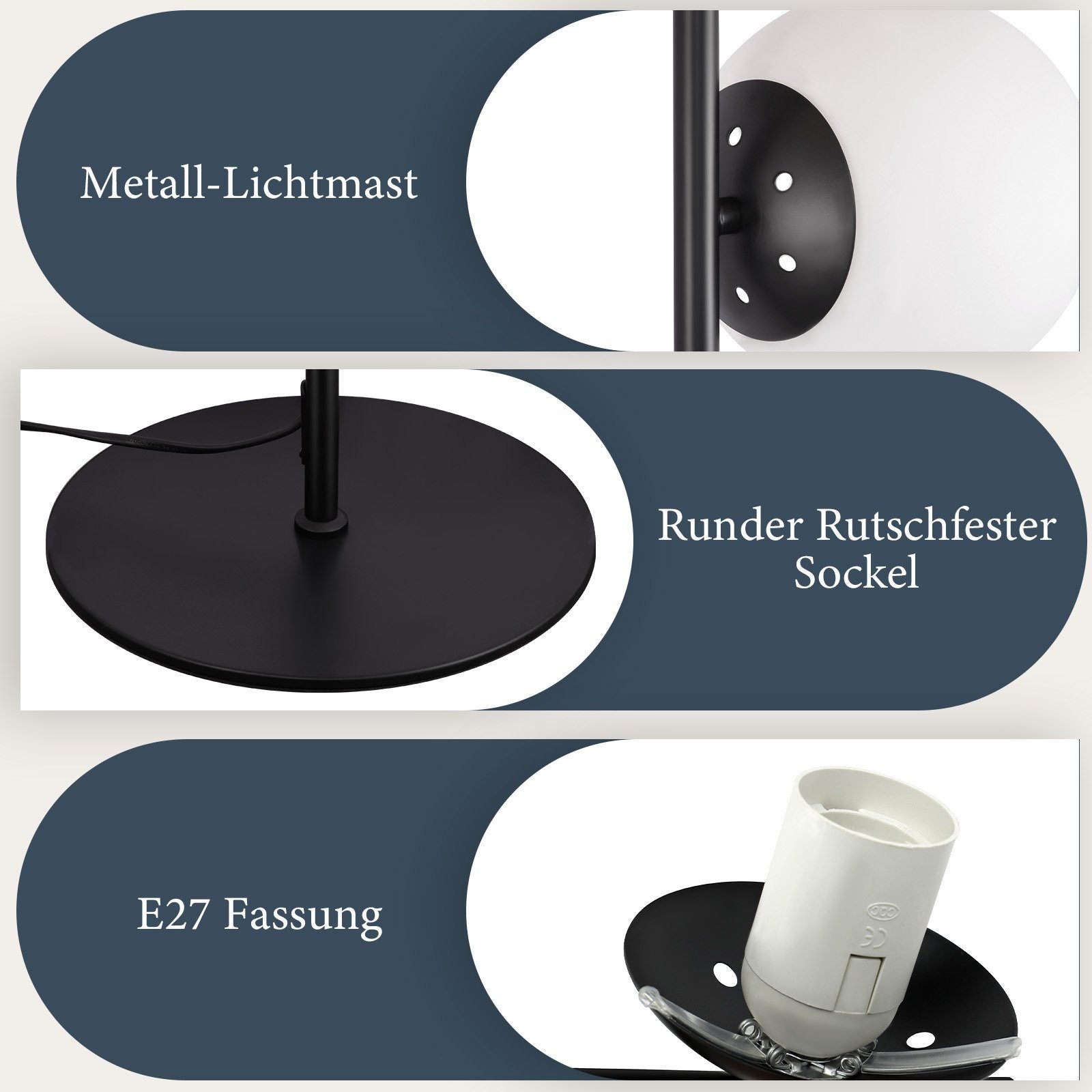 ZMH Lampadaire Noir 3 Lumières Pied E27 Moderne Design Métal Verre avec Interrupteur Pour Salon Bureau - 7