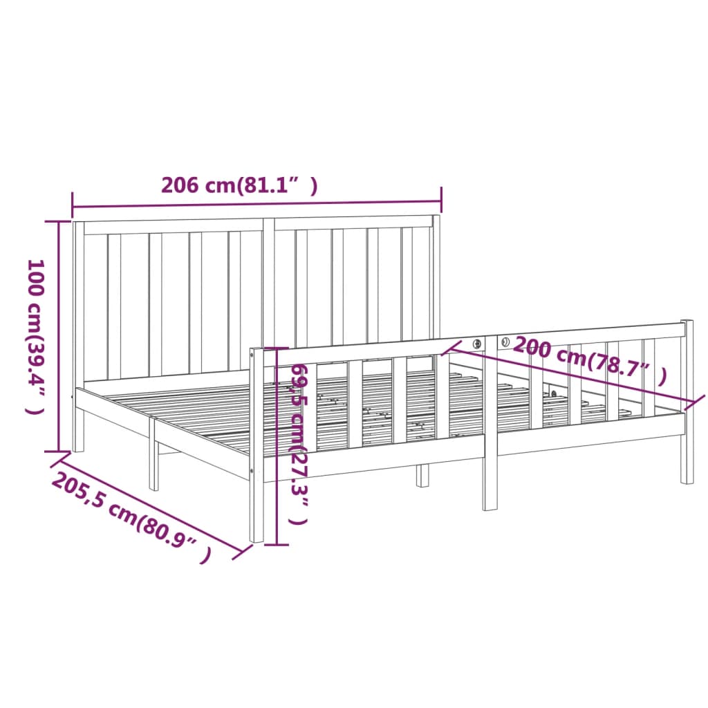 Cadre de lit sans matelas noir 200x200 cm en bois massif de pin - 6