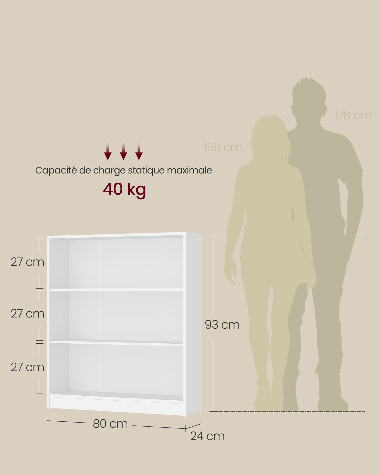 Bibliothèque, Étagère à 3 Niveaux, Meuble de Rangement, avec Étagères Réglables en Hauteur, 80 x 24 x 93 cm, Blanc - 5