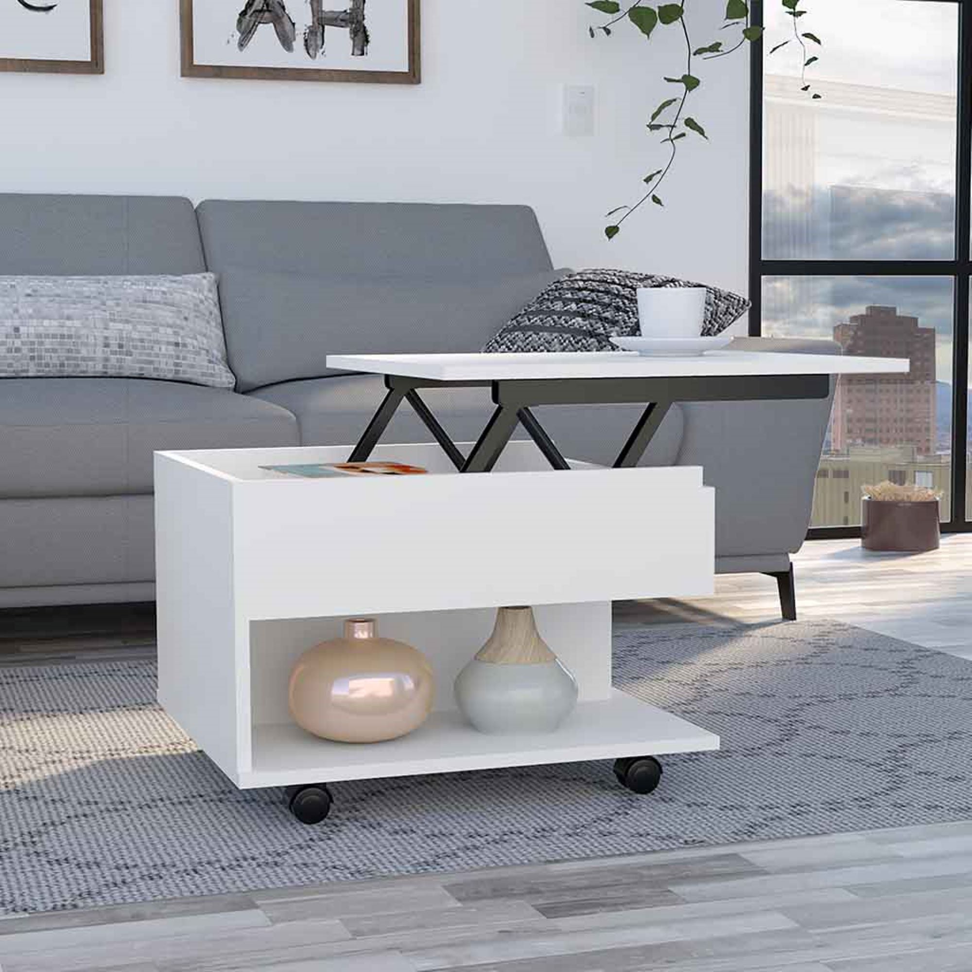 Table basse relevable Luanda de 55 cm avec roulettes, blanc | Leroy Merlin