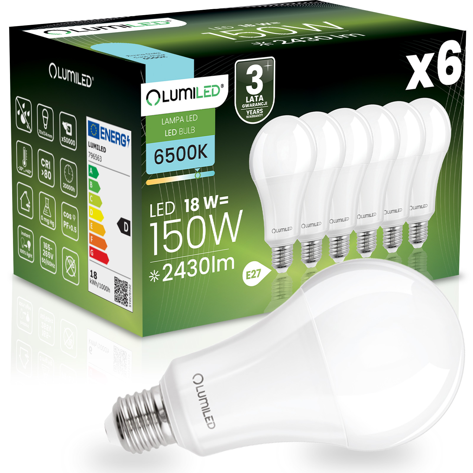 Żarówka LED LUMILED E27 A60 18W 2421lm 6500K Zimna biel 260st 6 szt.