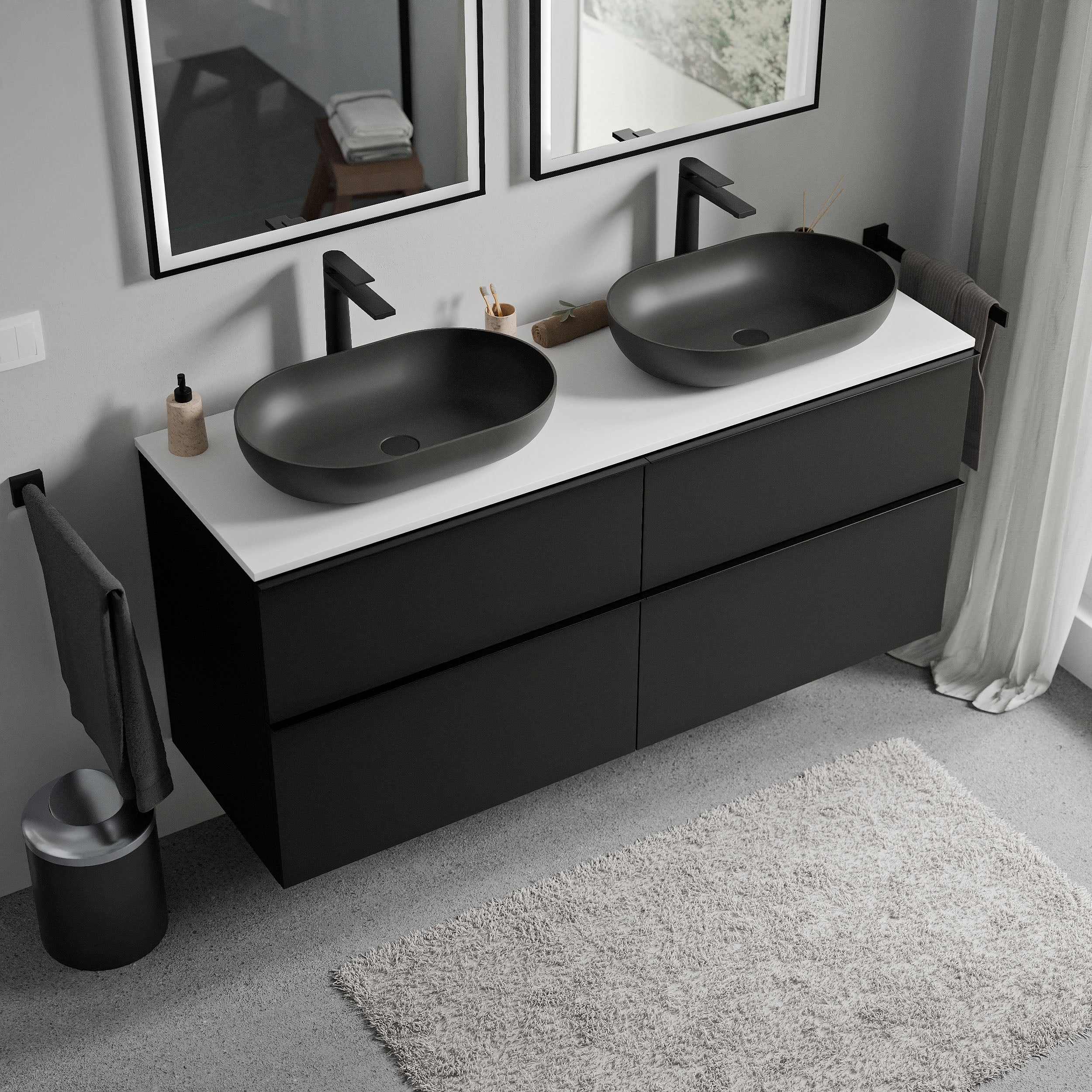BERNSTEIN - Meuble sous vasque suspendu MDF Noir mat, plan vasque Blanc mat, poignée Anthracite mat - 140x46x62cm - LAVOA - 2