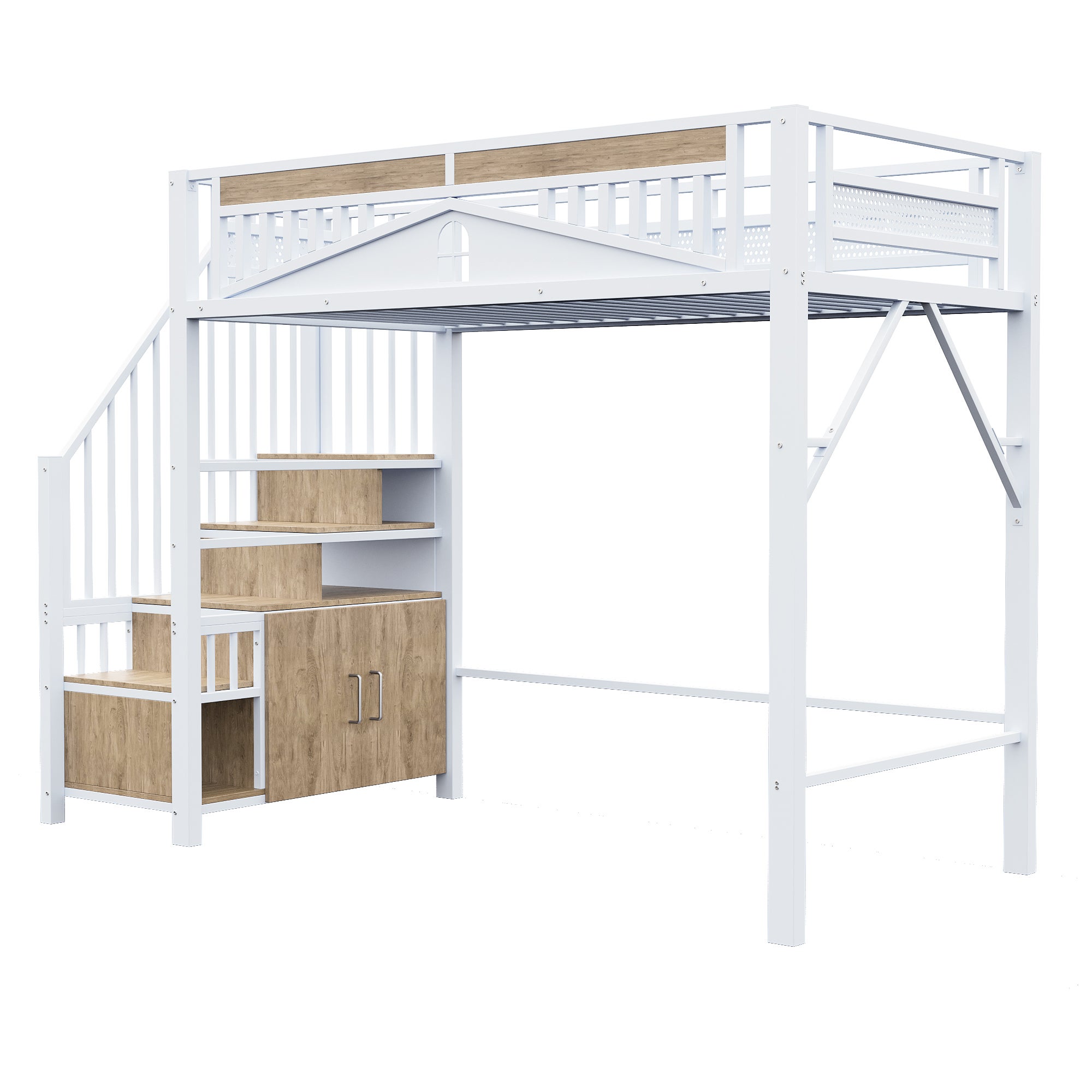 Lit mezzanine métallique 90x200 - avec barrière de sécurité unique, échelle avec penderie - Blanc - 6