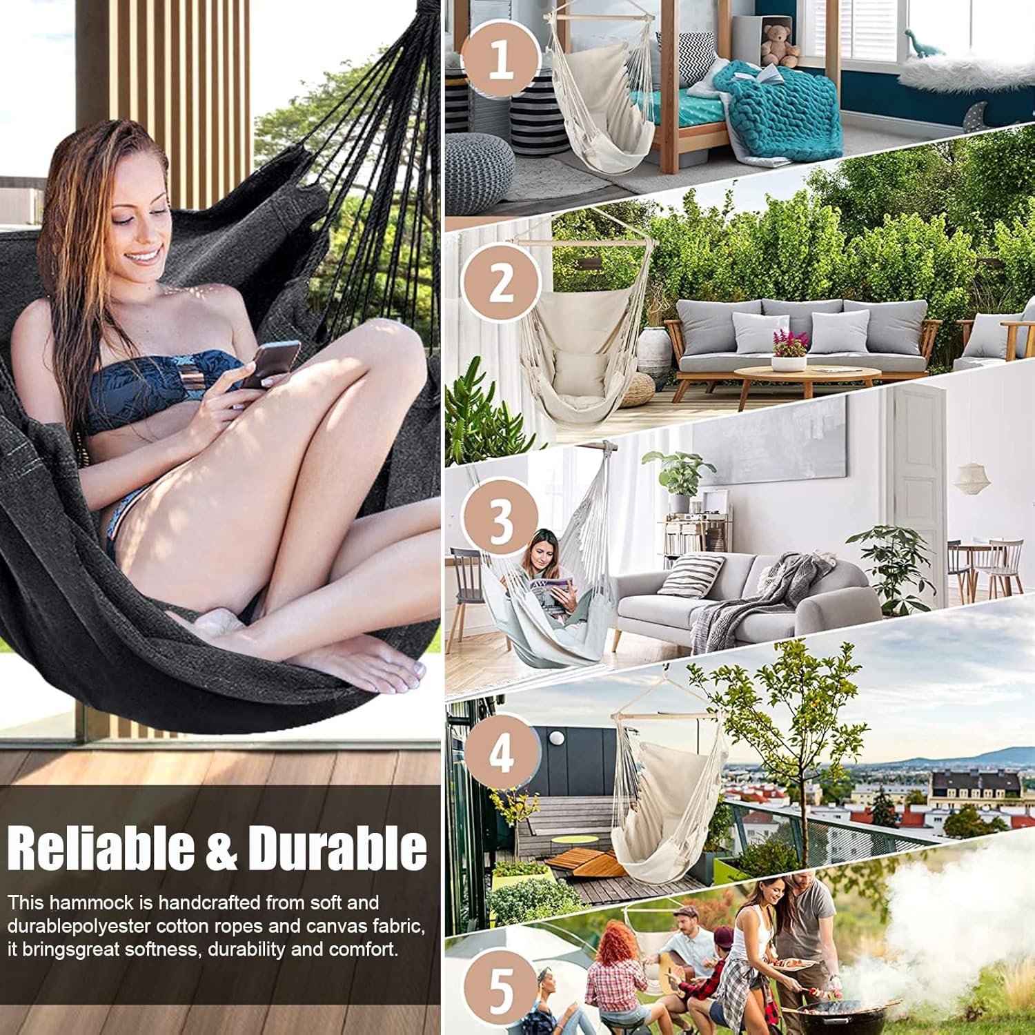 BEAFACE Fauteuil suspendu de dortoir, balancelle portable, hamac en toile avec coussins, convient pour les patios, les salons et les chambres, rouge. - 7
