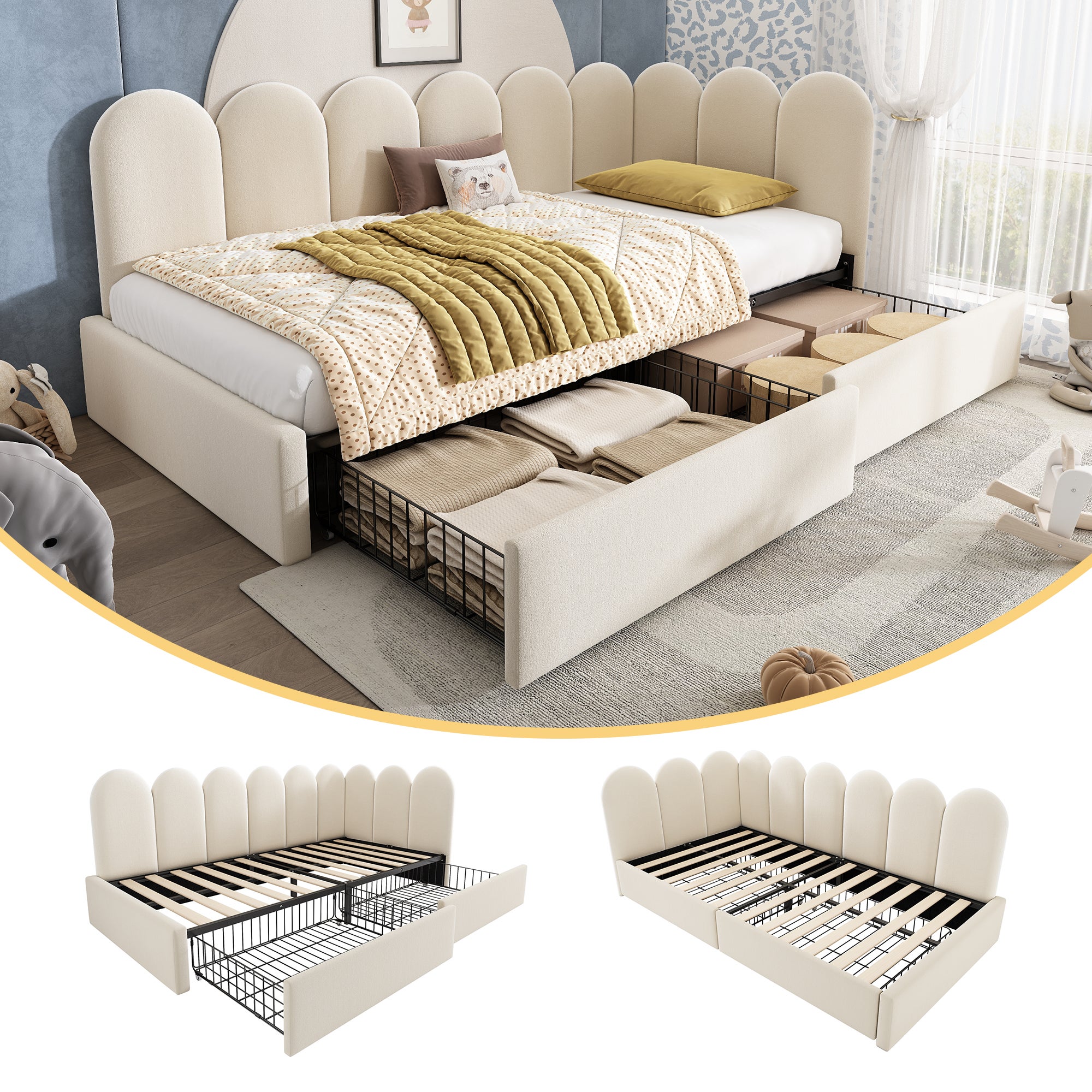 Tapicerowane łóżko dziecięce 90 x 190 cm z zagłówkiem w kształcie litery L i 2 szufladami, sofa rozkładana - Aksamit - Beż