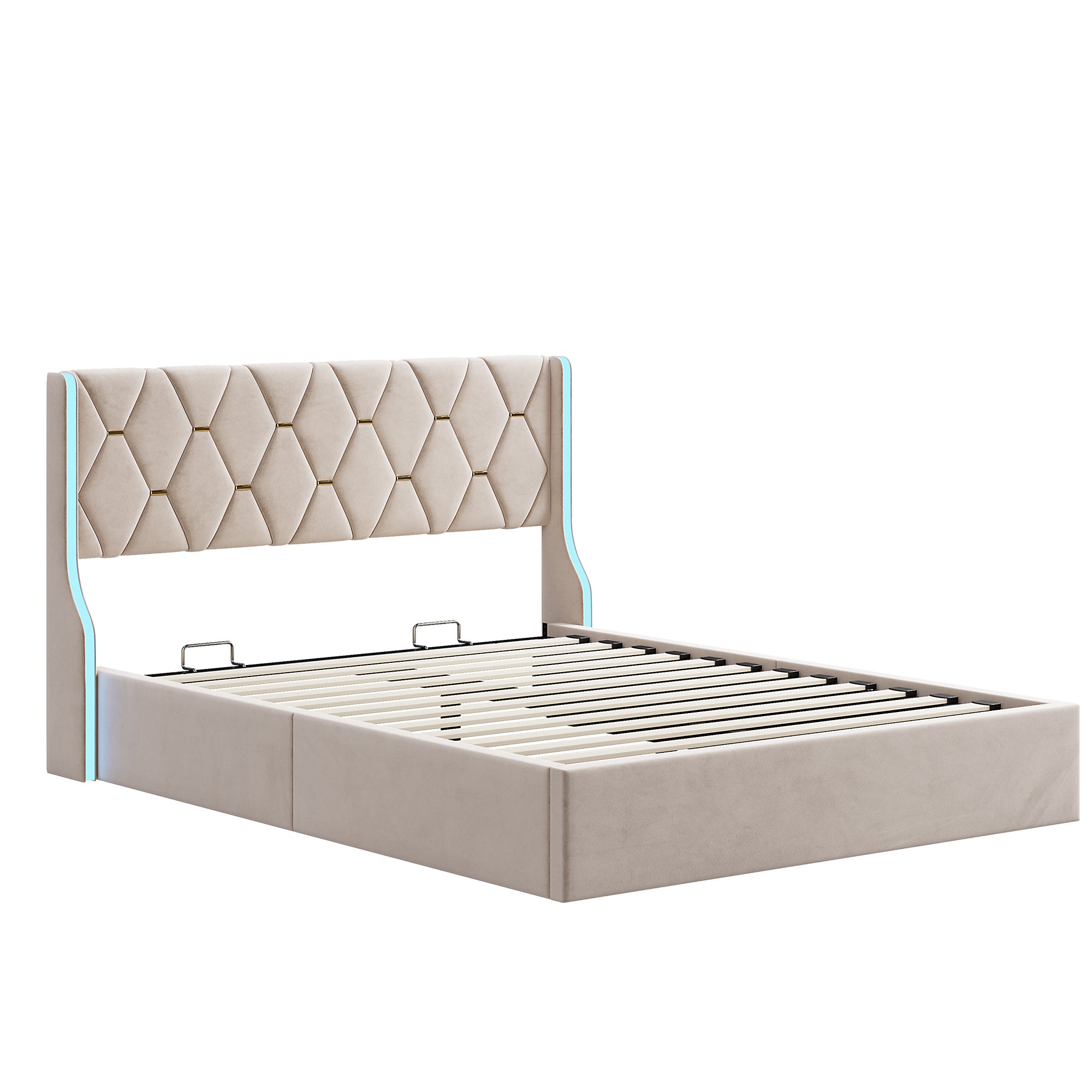 Cama Baúl 140x200 cm con Almacenamiento y LED, Cadre de Cama con Sommier de Listones, Tela de Velours - Color Beige - 8