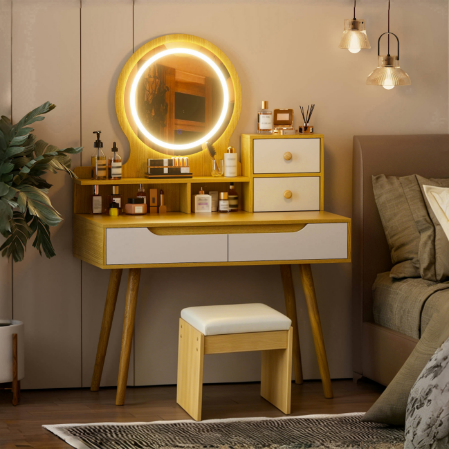 Coiffeuse，Avec miroir et éclairage LED，Lumière réglable，Avec tabouret inclus，Grande surface de travail，135 x 80 x 40 cm，Bois clair - 5
